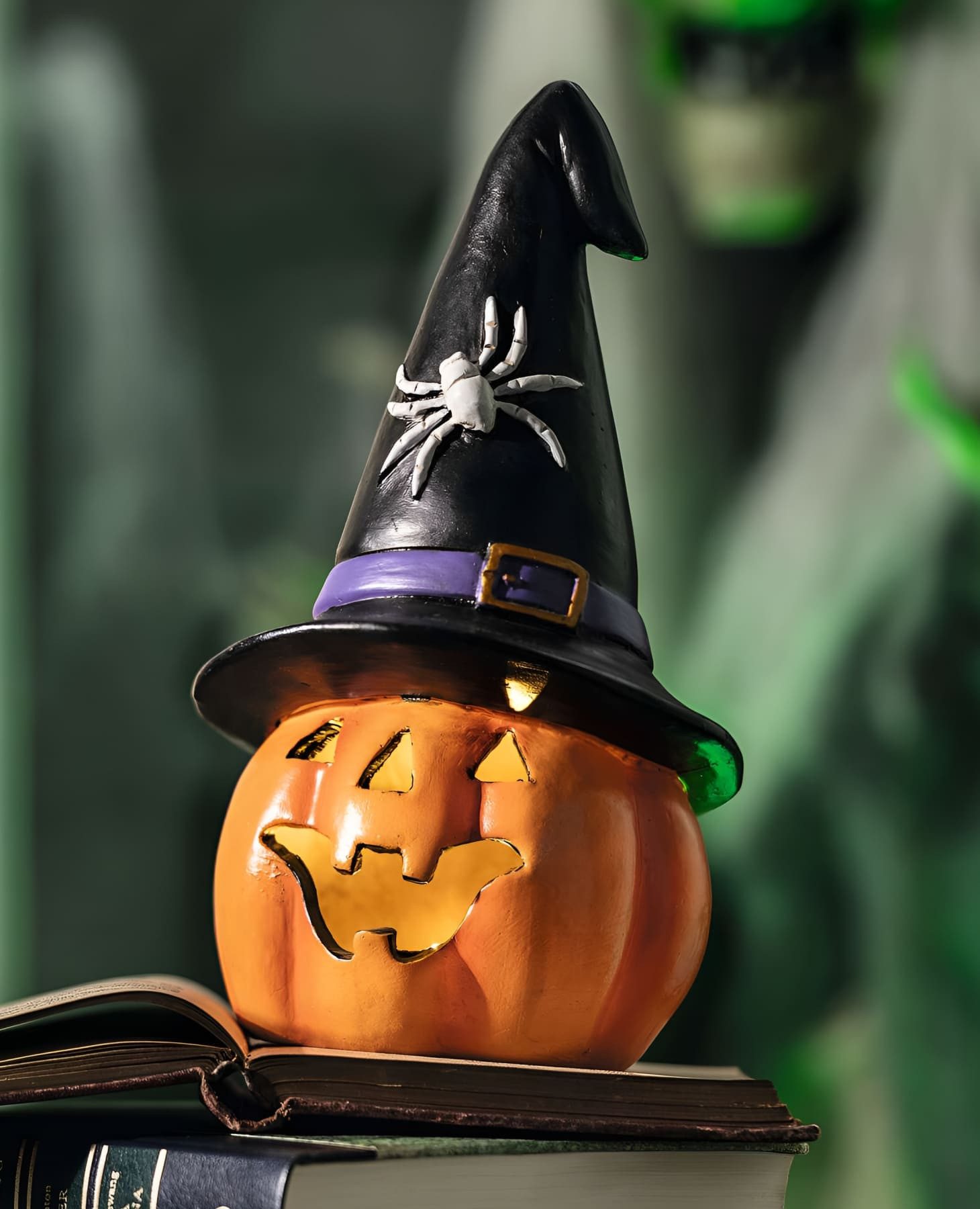 Dekoleidenschaft LED-Dekofigur Halloween Windlicht "Hexenhut" Deko Kürbis, Halloweendeko Beleuchtung, Leuchtdeko für Innen