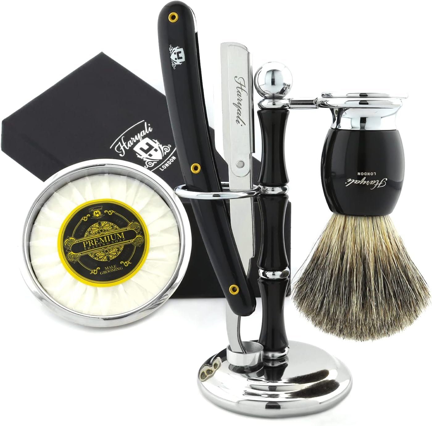 Haryali London Rasierset 5-teiliges Herren-Rasierset mit Rasierseife und Edelstahl schale, 5-tlg., All-in-One-Rasierset, Garman Base, perfekt als Rasiergeschenk für Männer