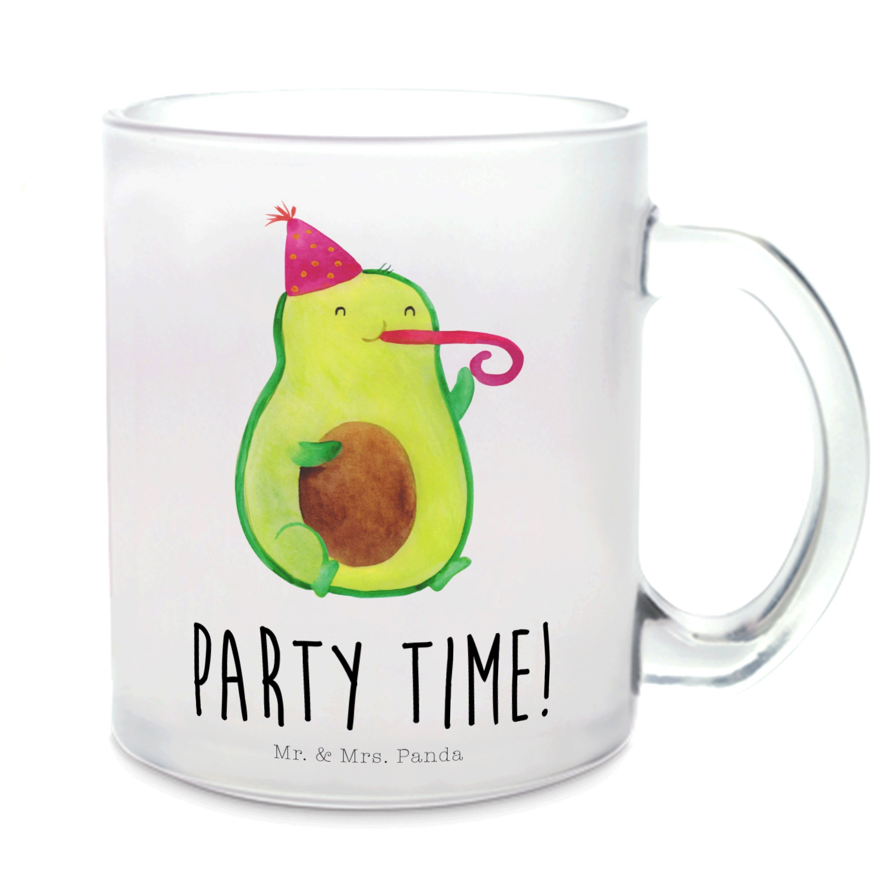 Mr. & Mrs. Panda Teeglas Avocado Party Zeit - Transparent - Geschenk, Tasse mit Henkel, Glas T, Premium Glas, Liebevolles Design