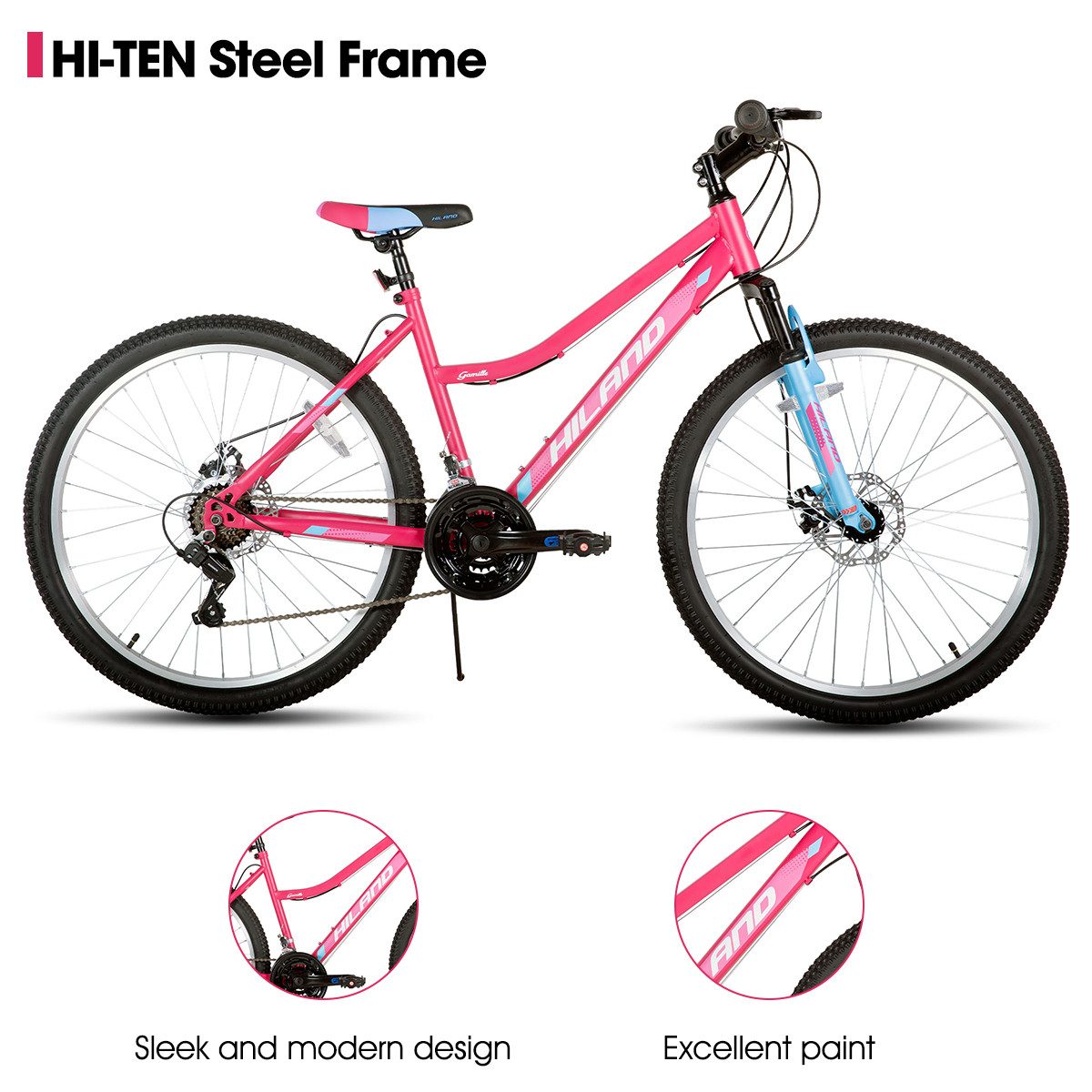 HILAND Mountainbike 26 Zoll Damen Fahrrad, MTB für Damen und Erwachsene, Mit 18-Gang und gefederte Vorderradgabel, mechanische Scheibenbremsen