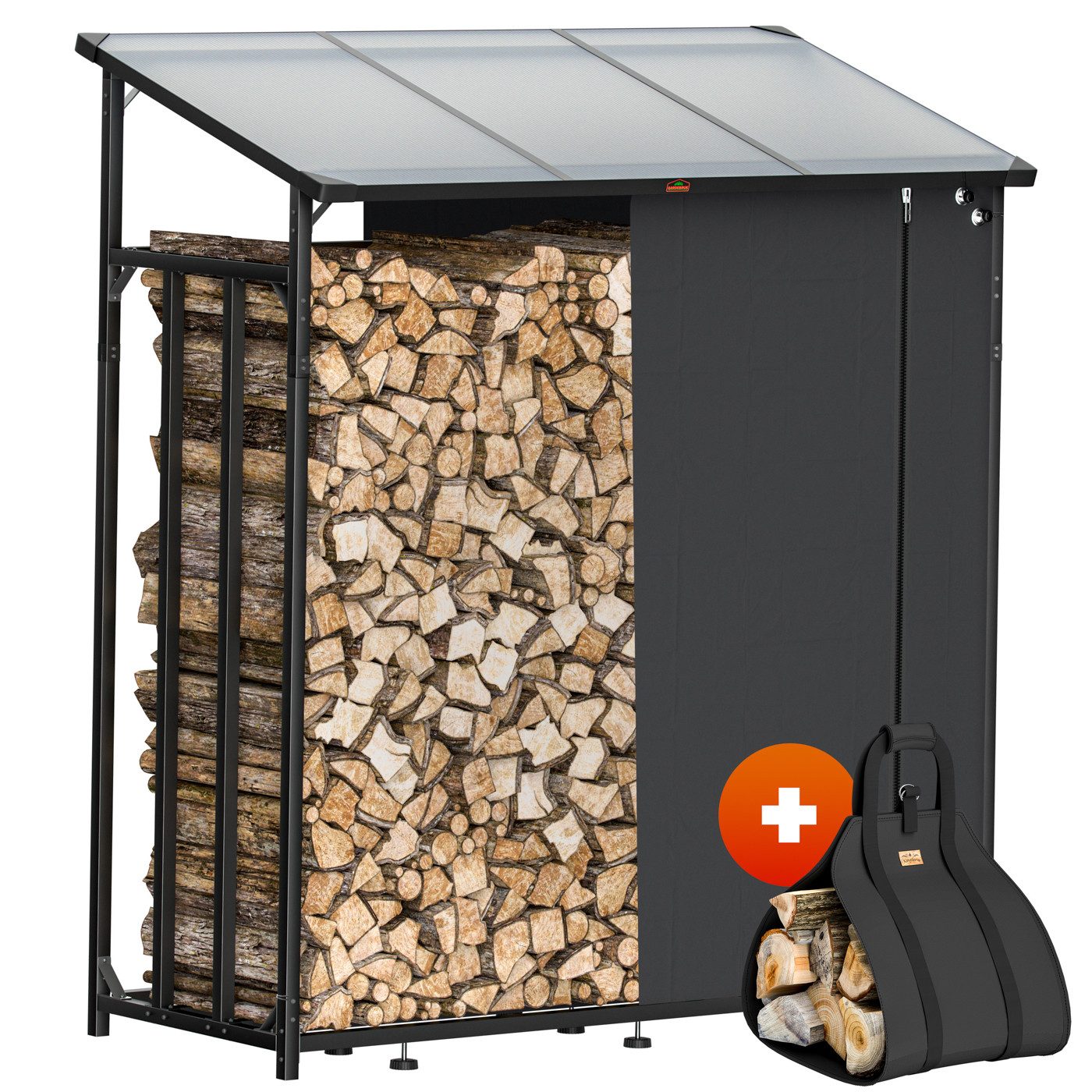 Gardebruk Kaminholzregal, Außen Stahl XXL Schwarz mit Dach Abdeckung Holzunterstand Holzlager
