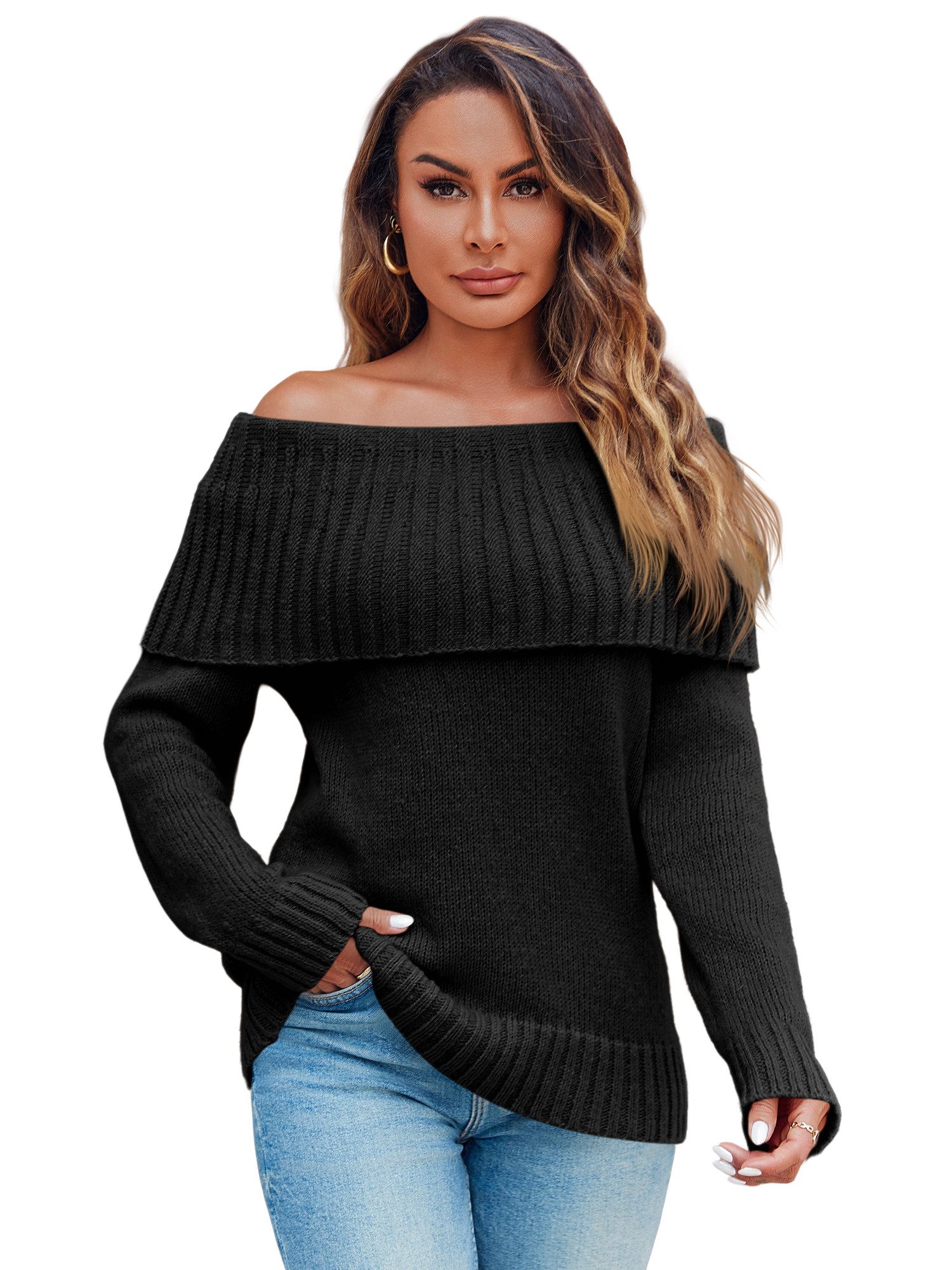 Damen Langarmshirt Mit Carmen-Ausschnitt – Figurbetontes Off-Shoulder Oberteil In Verschiedenen Farben