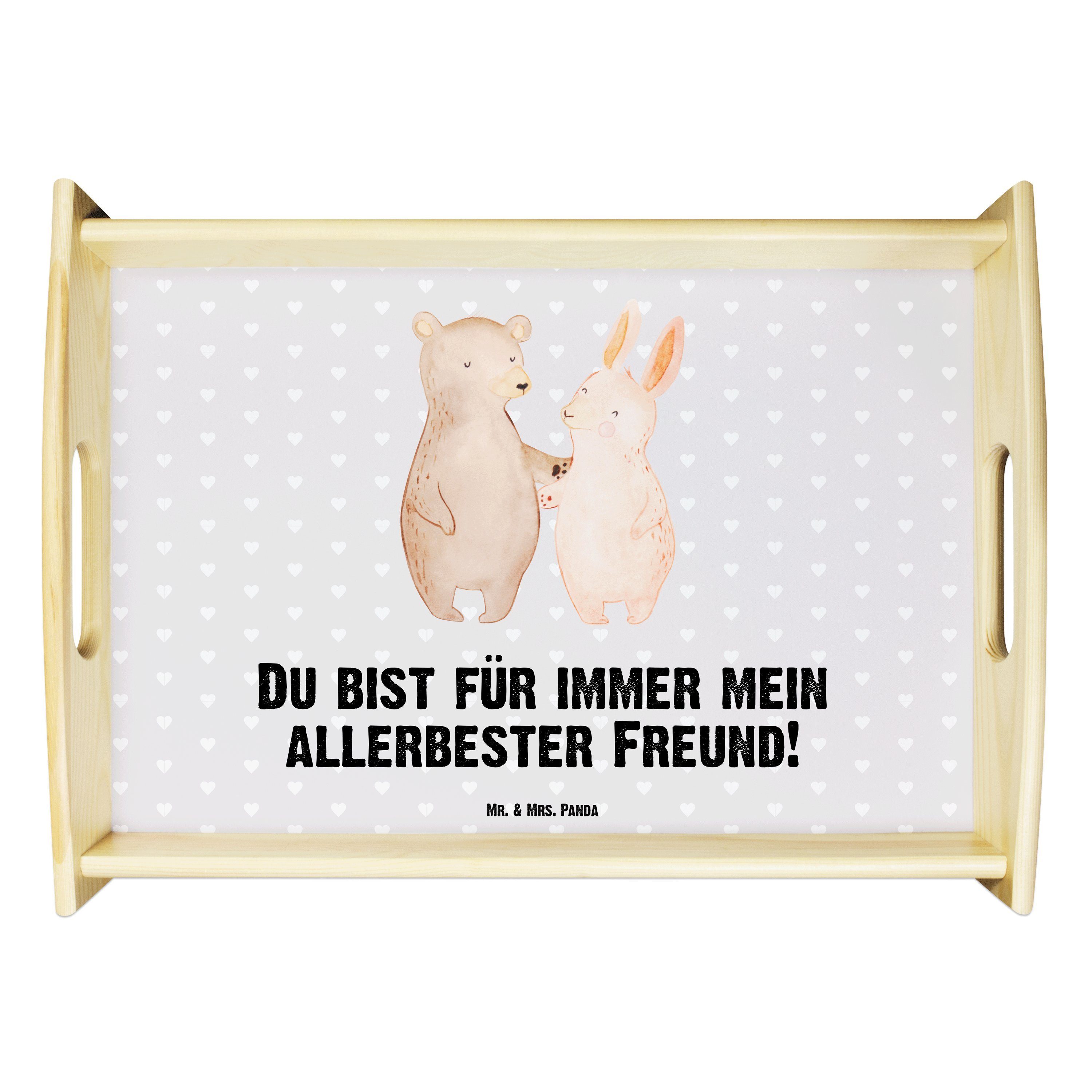 Mr. & Mrs. Panda Tablett Bär Hase Umarmen - Grau Pastell - Geschenk, Frühstückstablett, Liebes, Echtholz lasiert, (1-tlg)