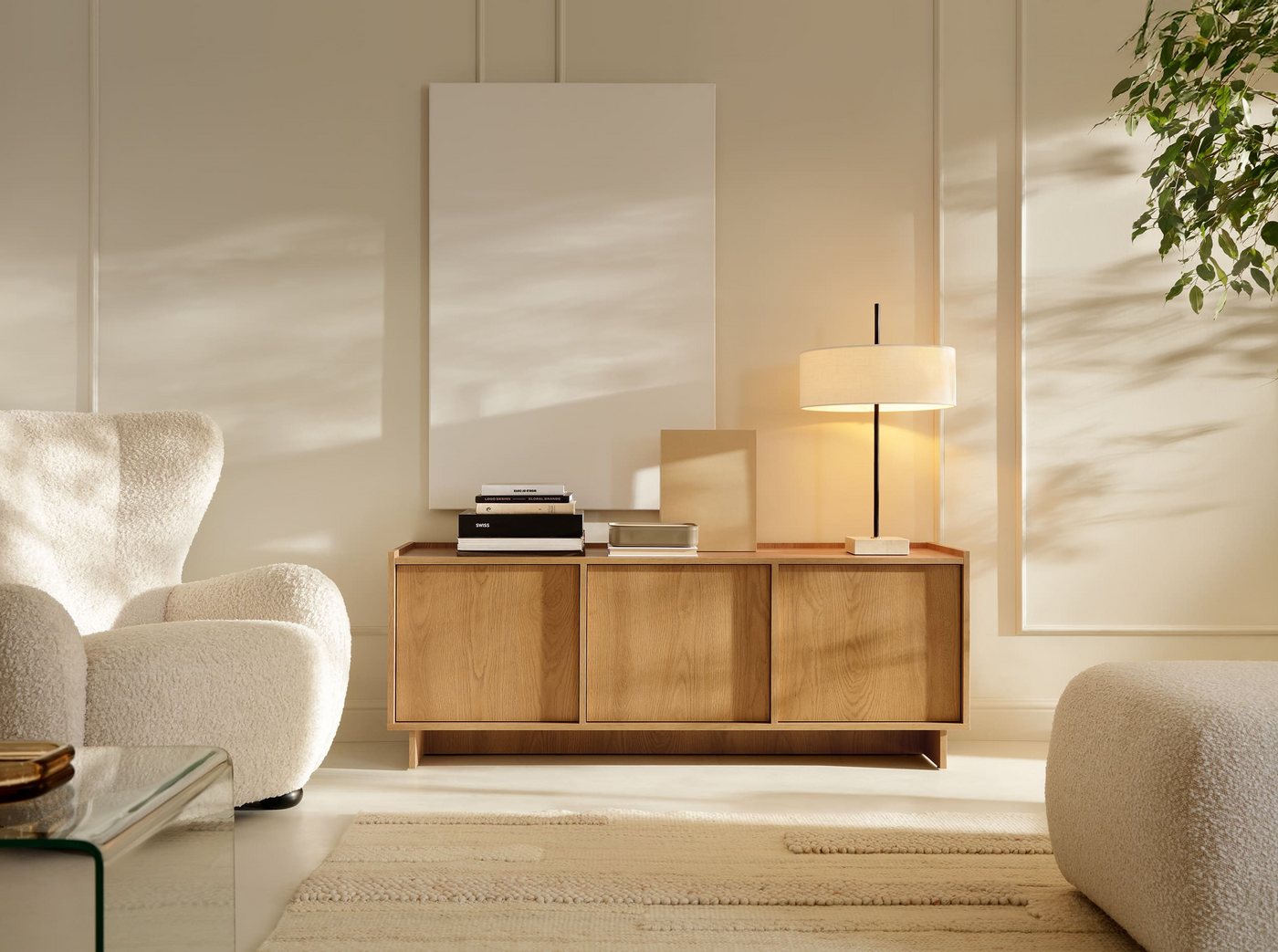 MOEBLO TV-Board LILIE RTV 147 (Lowboard in Eiche Caramel - modernes TV Möbel, Fernsehtisch, TV Bank & Fernseher Tisch im minimalistischen Design mit Push-to-Open, viel Stauraum und eleganter Holzoptik für stilvolle Wohnzimmer), (BxHxT): 147 x 82 x 39 cm