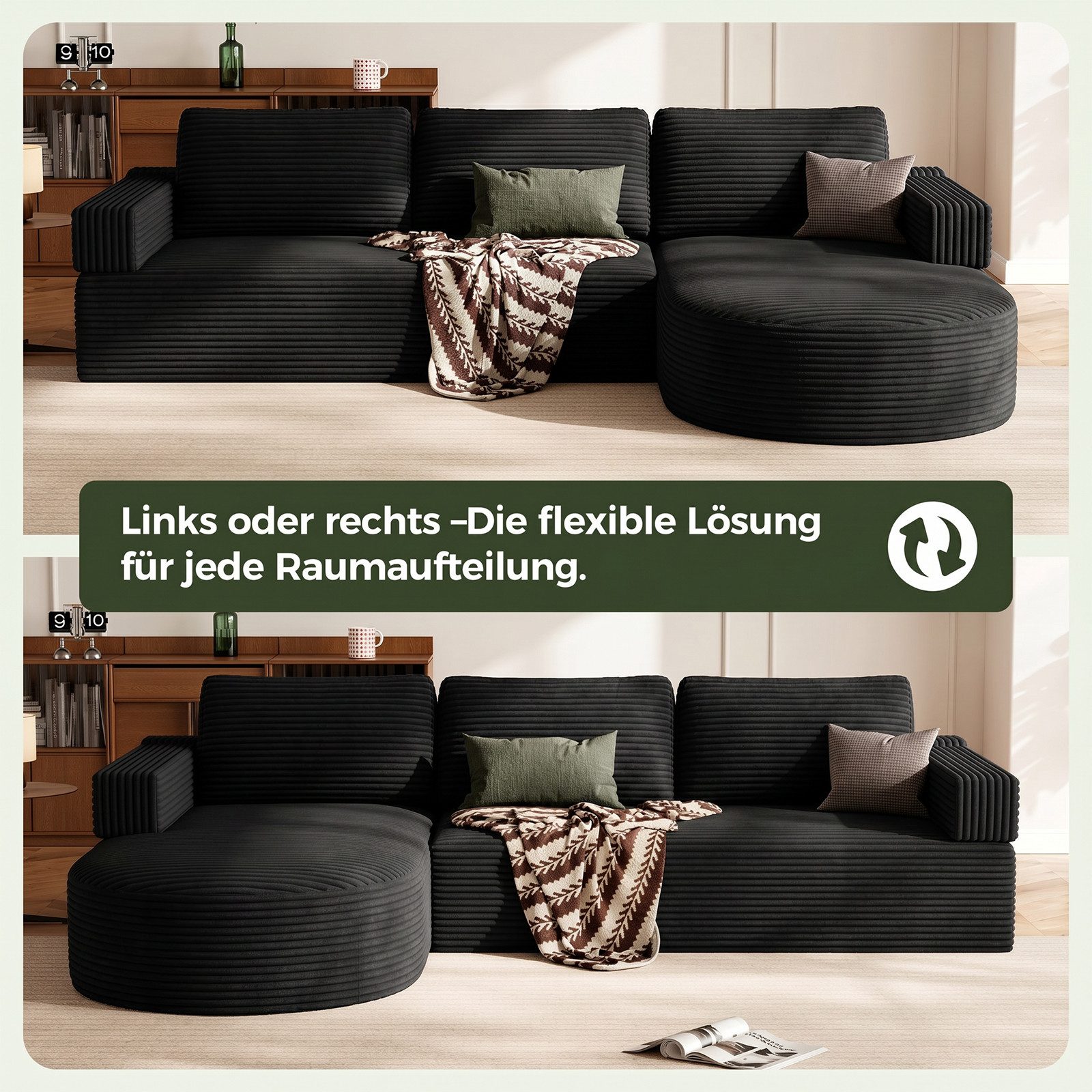 Patbrela Ecksofa Cord Schlafsofa L Form 265cm mit Abgerundeter Chaise Longue