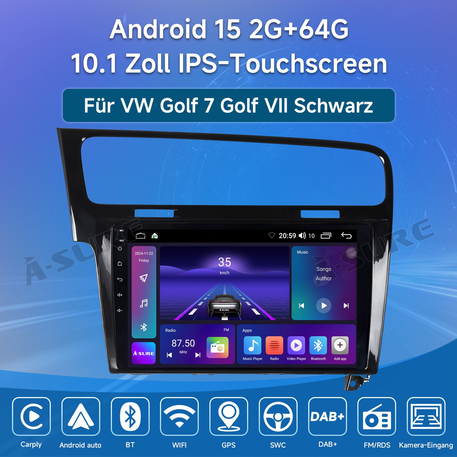A-Sure 10.1" Android 15 Carplay Für VW Golf 7 VII MK7 2013-2017 Autoradio (Digitalradio (DAB), FM, AM)
