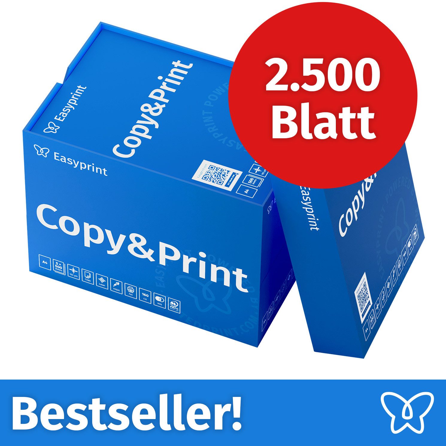 Easyprint Drucker- und Kopierpapier Kopierpapier 2500 Blatt A4 Premium Hochweiß CIE 160 Testsieger PEFC, PEFC-Zertifikat (GFA-PEFC-COC-500582)