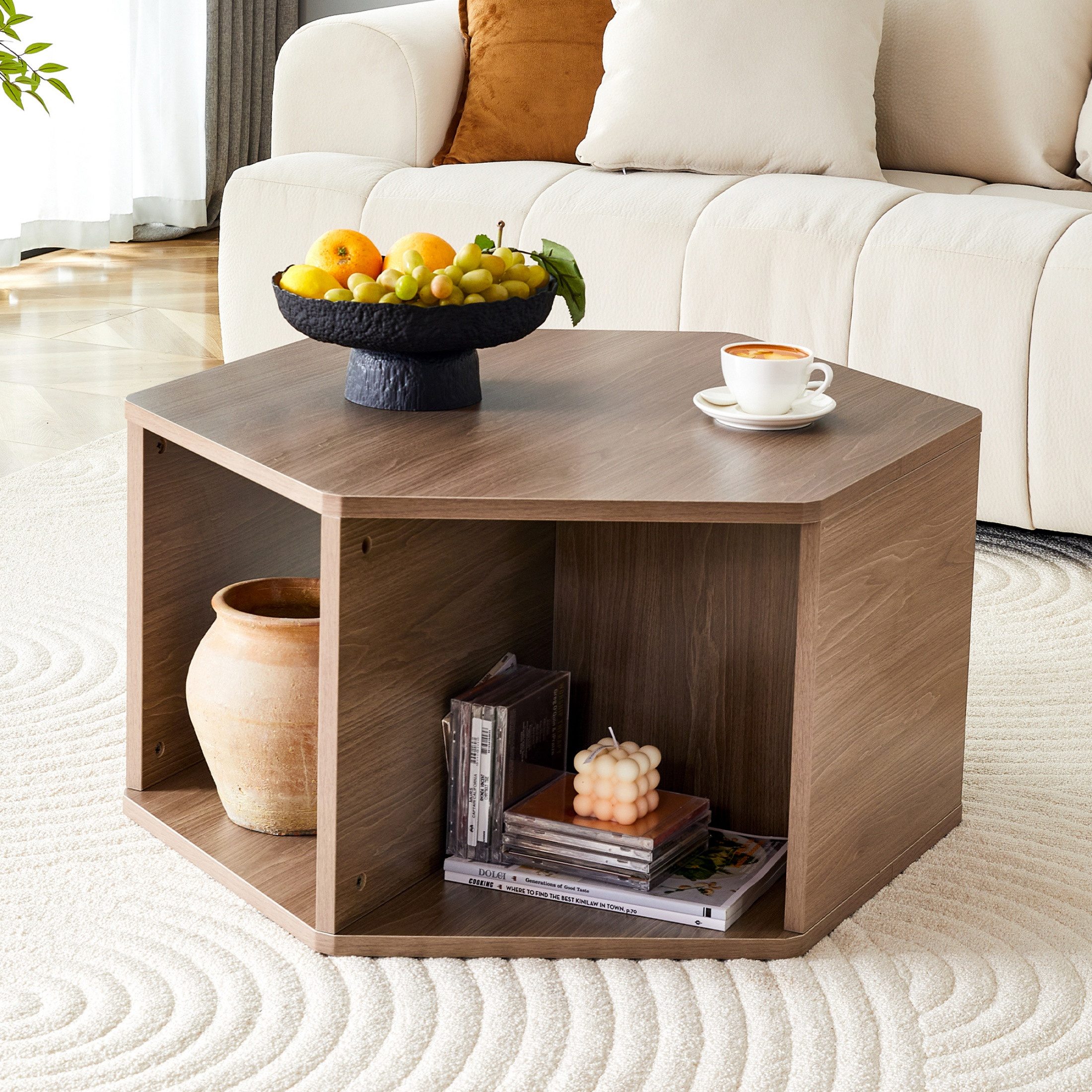 autolock Couchtisch Sechseckiger Couchtisch Beistelltisch Natürliche Holzmaserung (79 x 69,4 x 40 cm), multifunktionaler Sofatisch Kaffetisch für Wohn- und Schlafzimmer