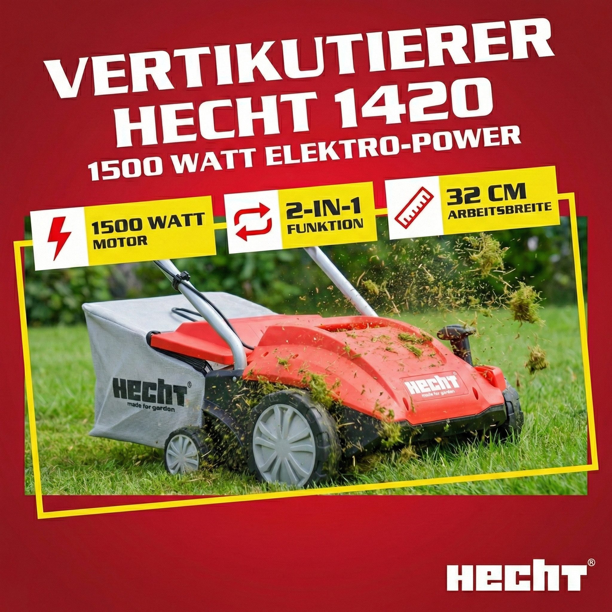 Hecht Elektro-Vertikutierer / Lüfter Rasenlüfter 1420 2in1 Profi, 32 cm Arbeitsbreite, 1500 W, 16 Messer, 35 Liter Grasfangkorb