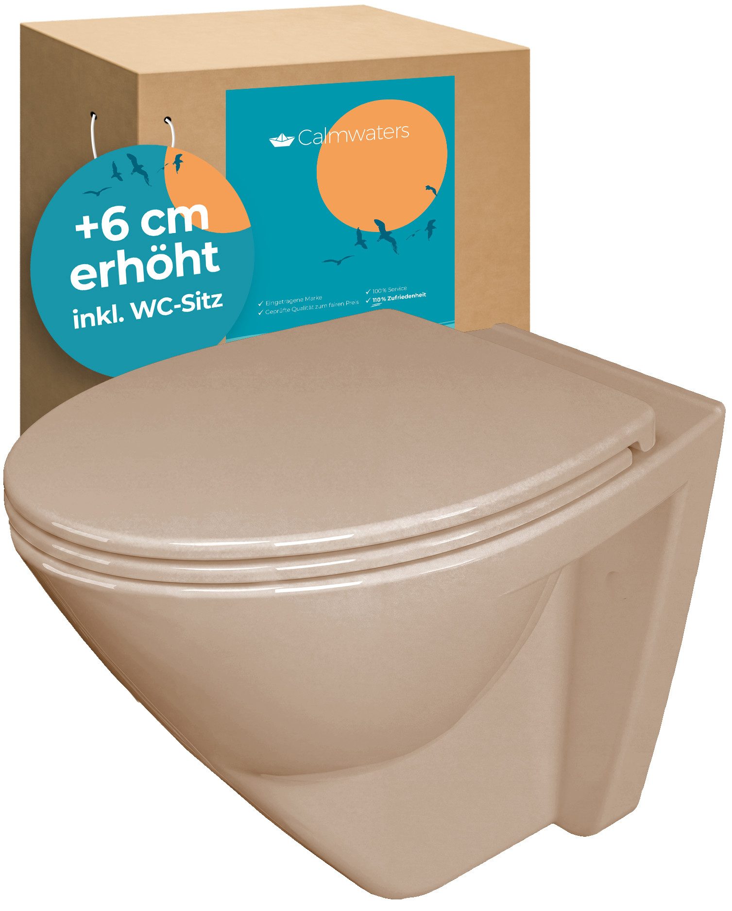 Calmwaters Tiefspül-WC Wand-WC spülrandlos mit Erhöhung, wandhängend, Wandmontage, Spülrandlos, +6 cm, Bahamabeige, WC-Sitz Absenkautomatik, 08AB6260