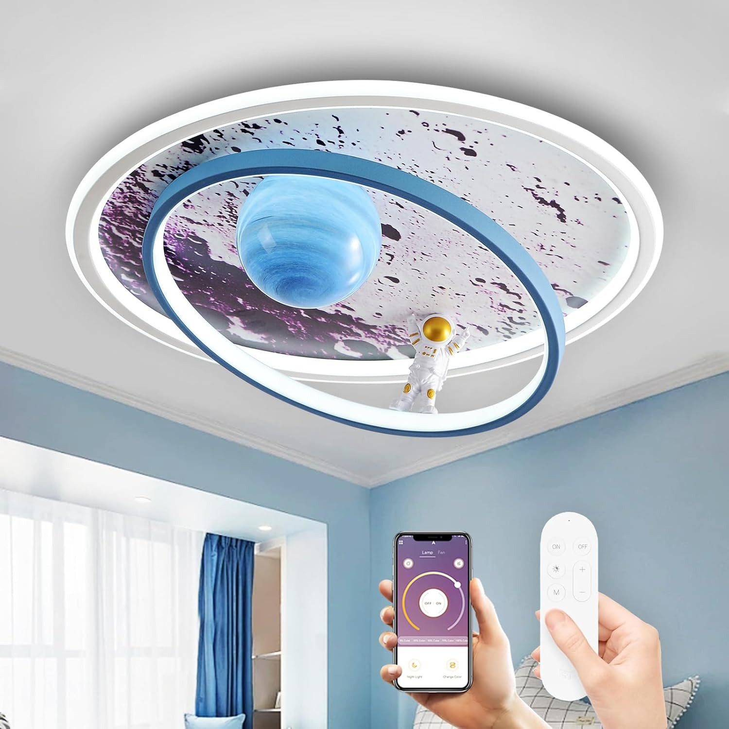 RRBEST Deckenleuchte LED Kinder Deckenlampe, Modernes Design Mond Astronaut Deckenleuchte, Dimmbar mit Fernbedienung Jungen und Mädchen Kinderzimmer Lampen