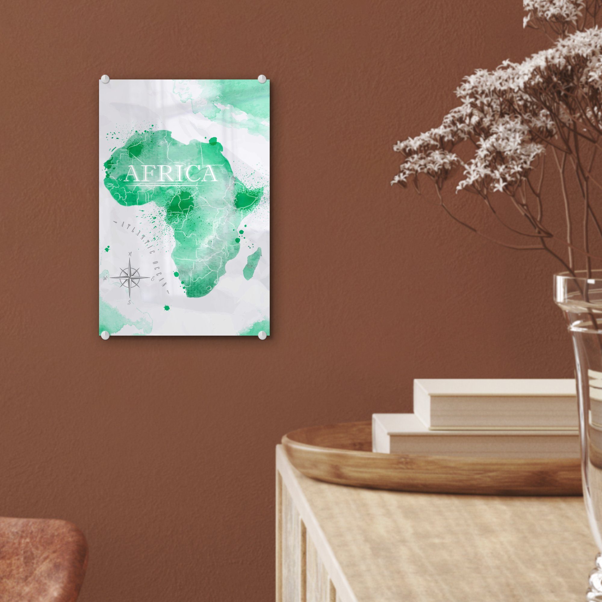 (1 Wanddekoration auf Acrylglasbild - Aquarell, Glas Wandbild - Glas - MuchoWow Glasbilder Weltkarte St), - auf - Bilder Afrika Foto