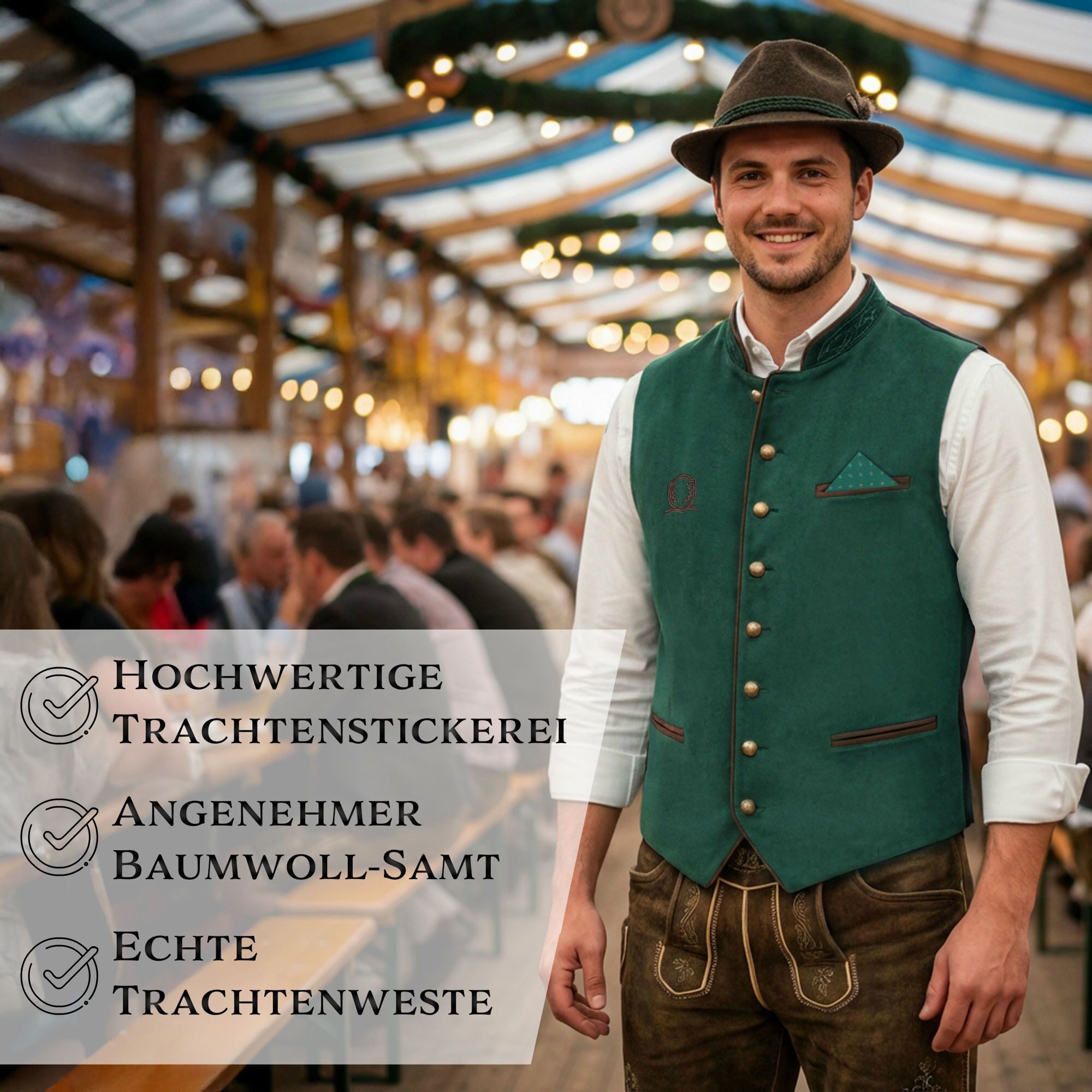 Steigenhöfer Manufaktur Trachtenweste Herren in Samtoptik - Verstellbarer Rückenriegel - Tiefe Taschen Traditionelle Kugelknöpfe - Einstecktuch - Für Oktoberfest Outfit