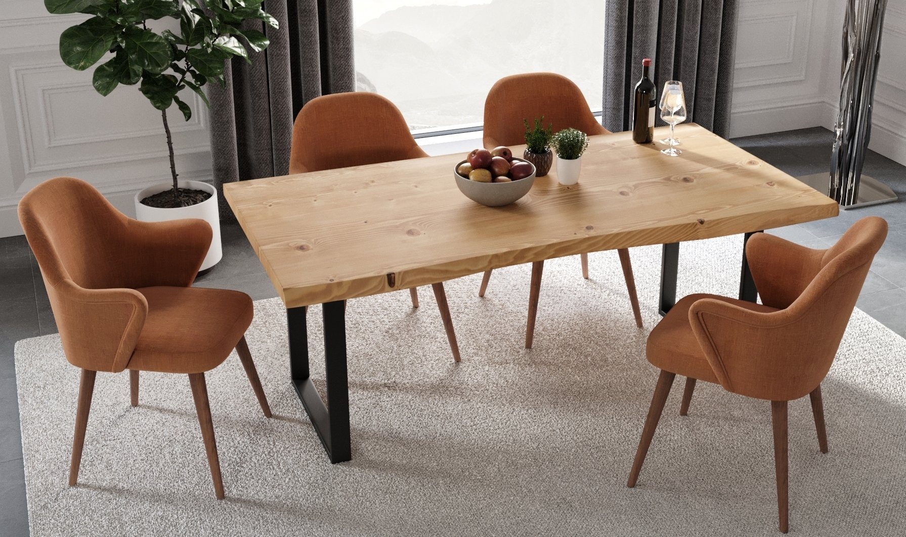 Gozos Esstisch Handgefertigt aus Echtholz, Baumkantentisch mit massiver Tischplatte (140 x 90 cm, 1 Tisch), Massivholz