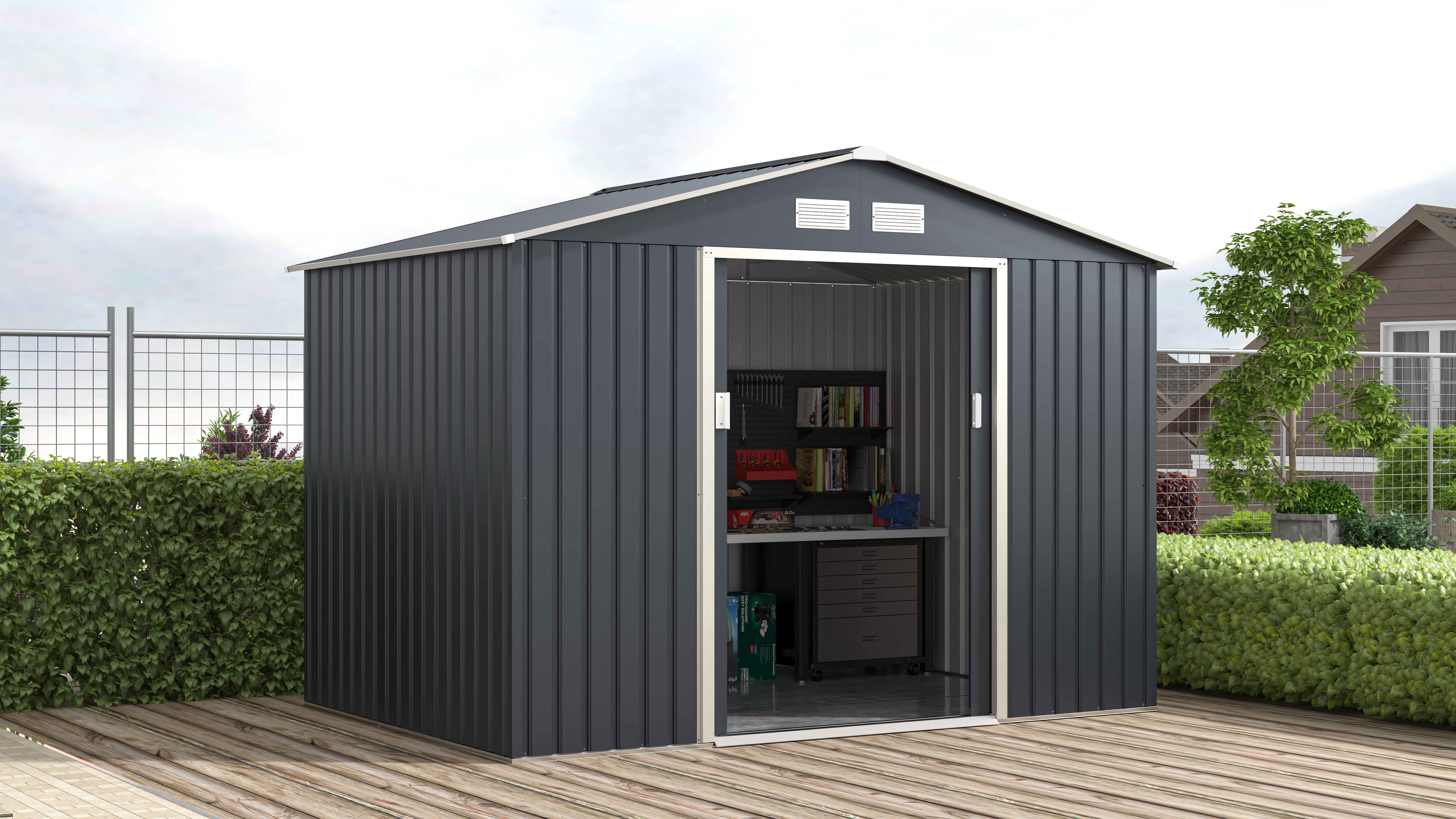 KONIFERA Gerätehaus Gartenhaus Metall Садовые сараи, inkl. Bodenrahmen, BxT: 277x195 cm, wetterfest und langlebig, nahezu wartungsfrei