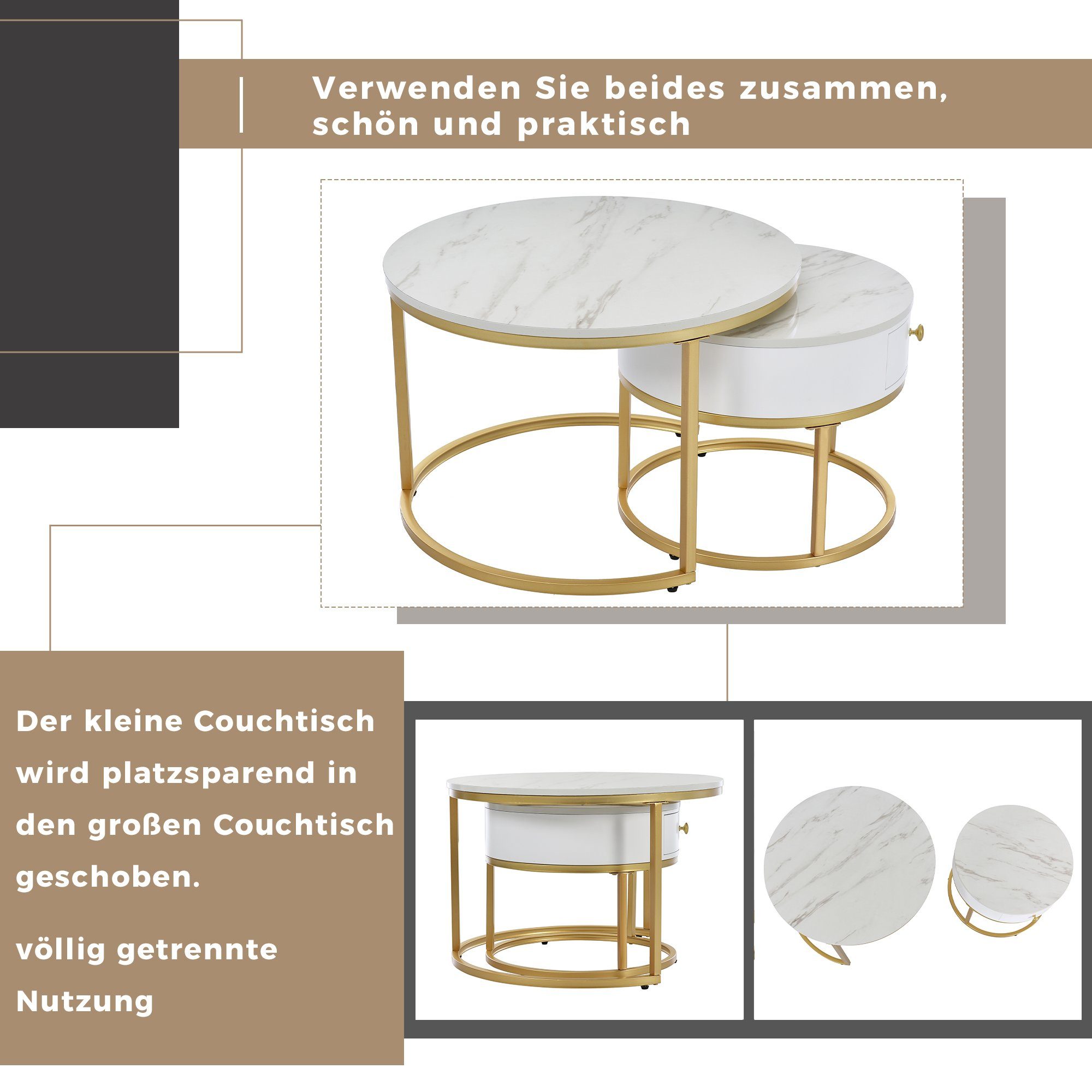 Marmoroptik Merax Couchtisch mit | Metallbeine goldenen Beistelltisch Holz rund (2-St), Weiß Schublade Weiß hochglanz mit Satztisch aus