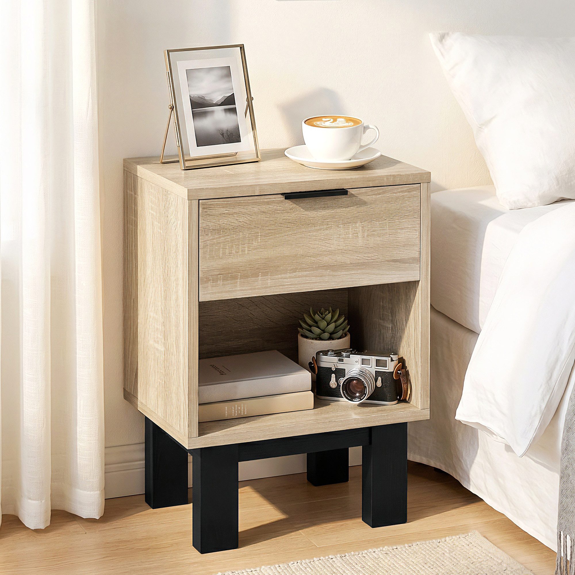 HOMCOM Nachttisch Nachttisch, Nachtschrank mit Schublade, offenes Fach, Eiche (Nachtschrank, 1-St., Nachtkommode), für Schlafzimmer, Wohnzimmer, Eiche, 35 x 26 x 50 cm