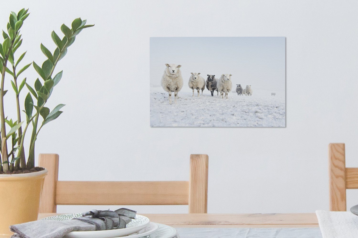 OneMillionCanvasses® Leinwandbild Schafe Aufhängefertig, - cm St), Wandbild 30x20 Leinwandbilder, Wanddeko, Schnee, - (1 Wolle