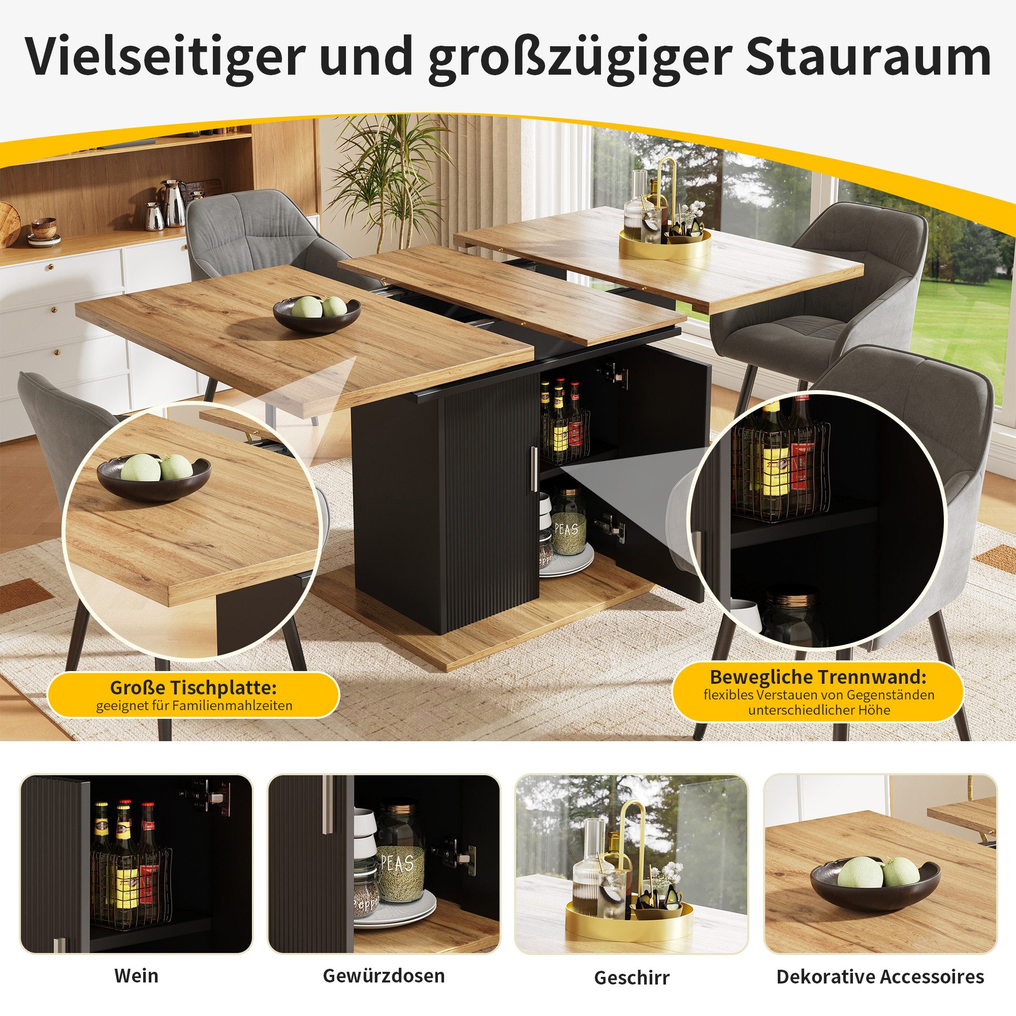 Odikalo Esstisch Küchentisch Bistrotisch Ausziehbar Stauraum Regale Hochglanz Schwarz