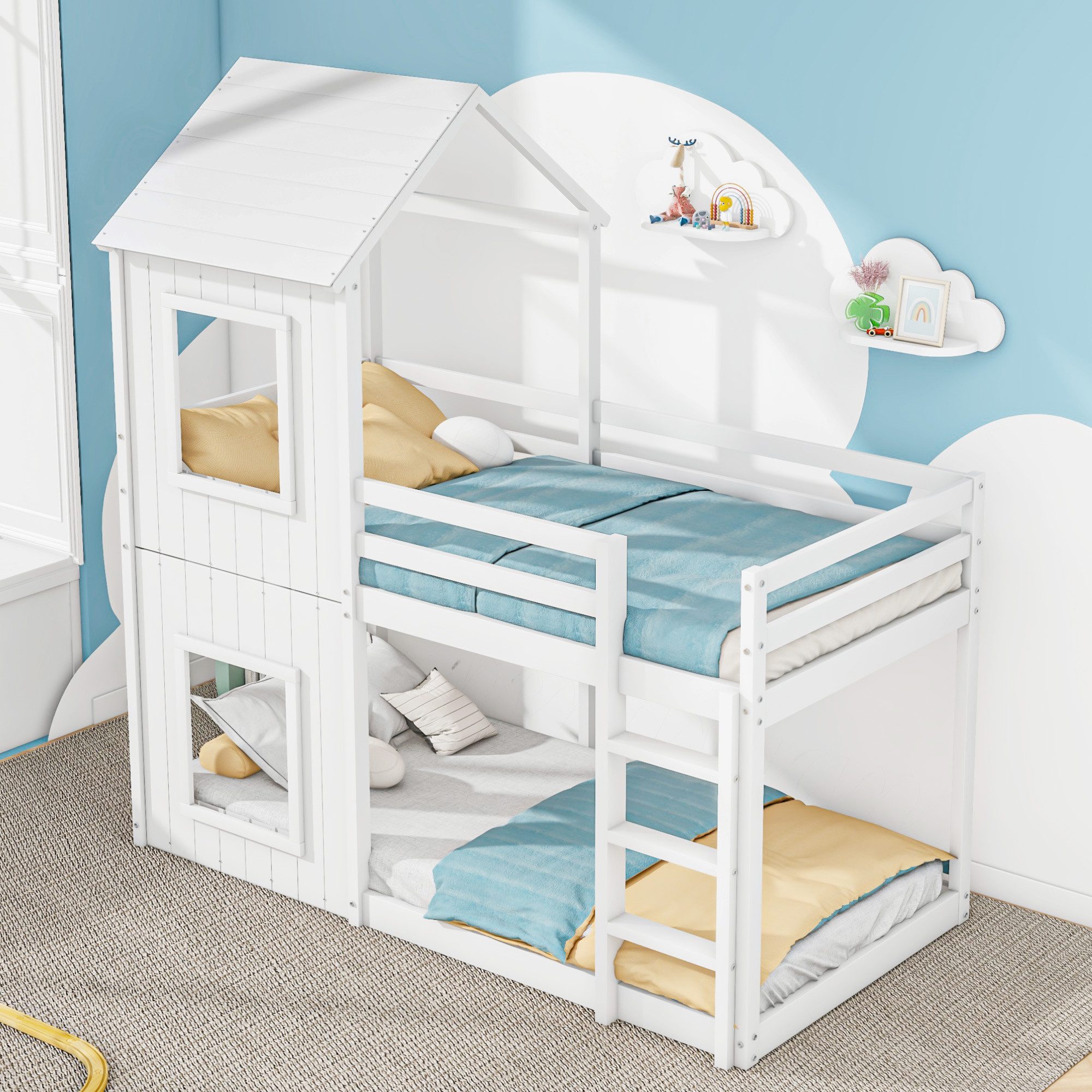 Kinderbett 90×200 Kinderbett Hochbett mit Leiter & Baldachin,massivholz Hausbett