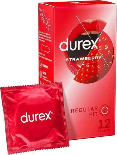 durex Kondome Emoji Strawberry Kondome, 12 Stück Regular Fit Packung, 12 St., anatomische Passform Latexkondome natürliches Gefühlsecht, Verzögert den Orgasmus längerer Akt befeuchtet