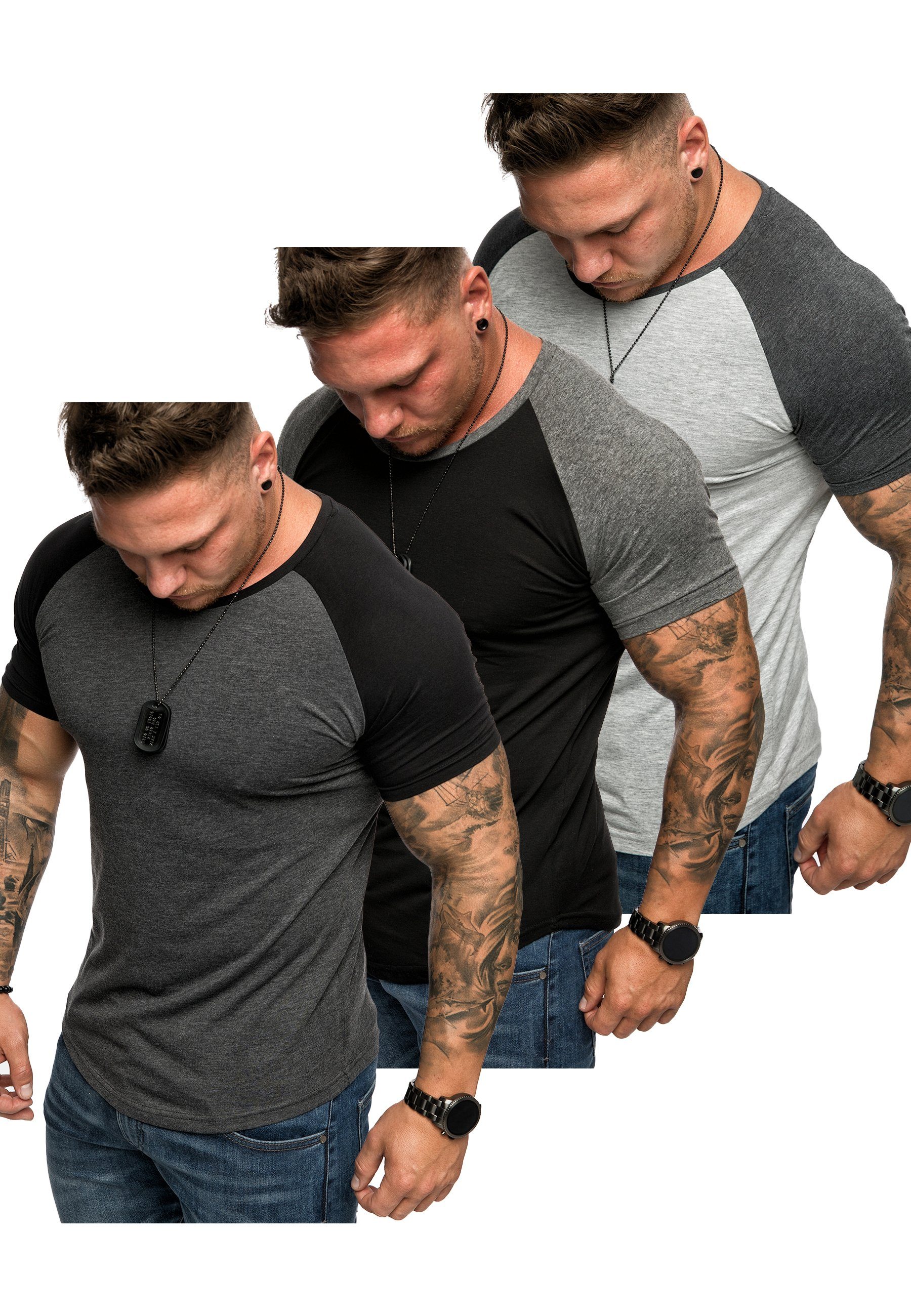 Amaci&Sons T-Shirt 3. OMAHA 3er-Pack T-Shirts (3er-Pack) Herren Basic Oversize Kontrast Raglan T-Shirt (Anthrazit/Schwarz + Schwarz/Anthrazit + Grau/Anthrazit)