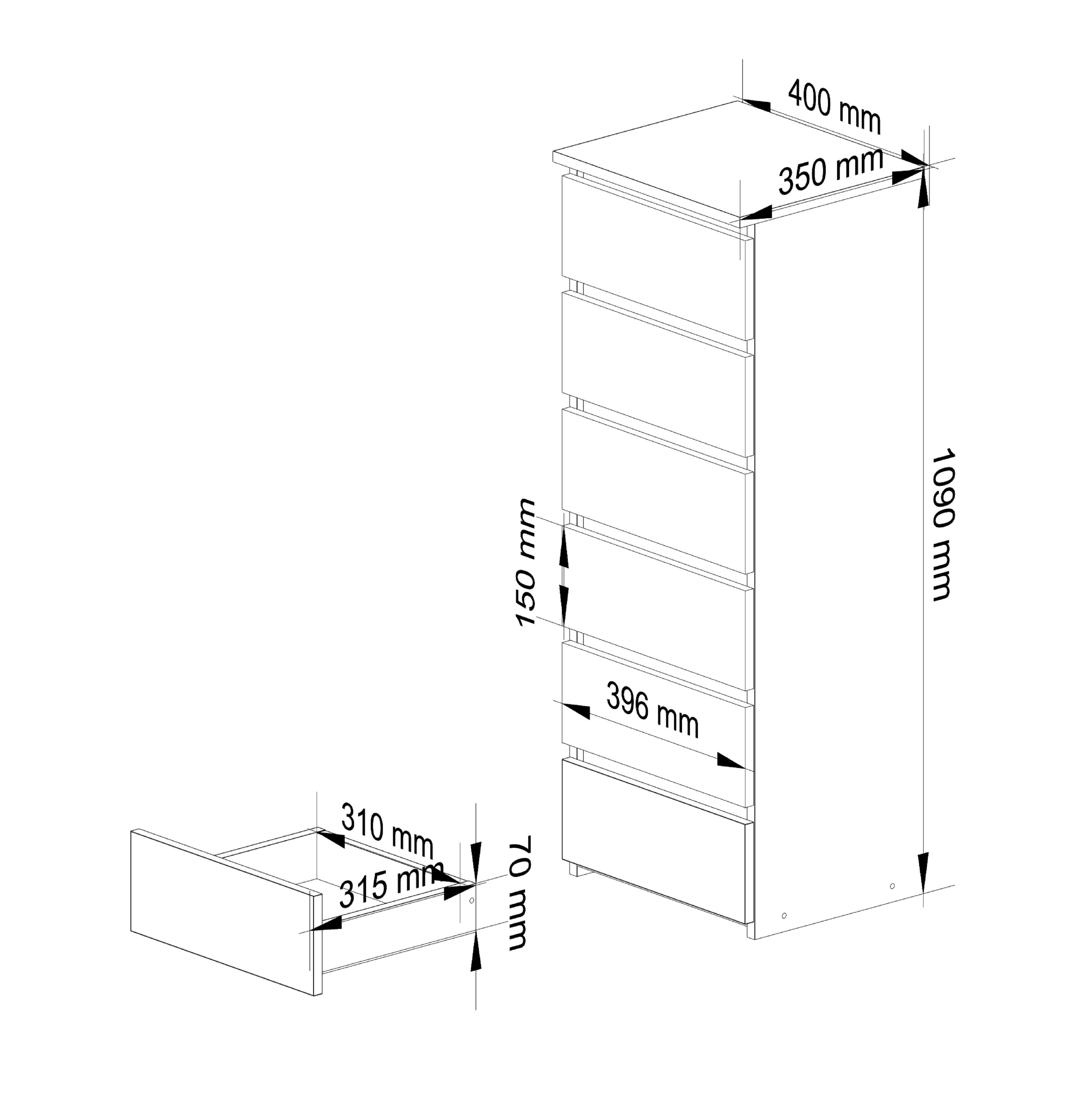 Raumhirsch Furniture Kommode mit 6 Schubladen 40 cm breit Schrank Wohnschrank, (viele Farbvarianten - Maße: 109 x 40 x 35 cm) - Hochwertig & stabil – Bild 4 von 5