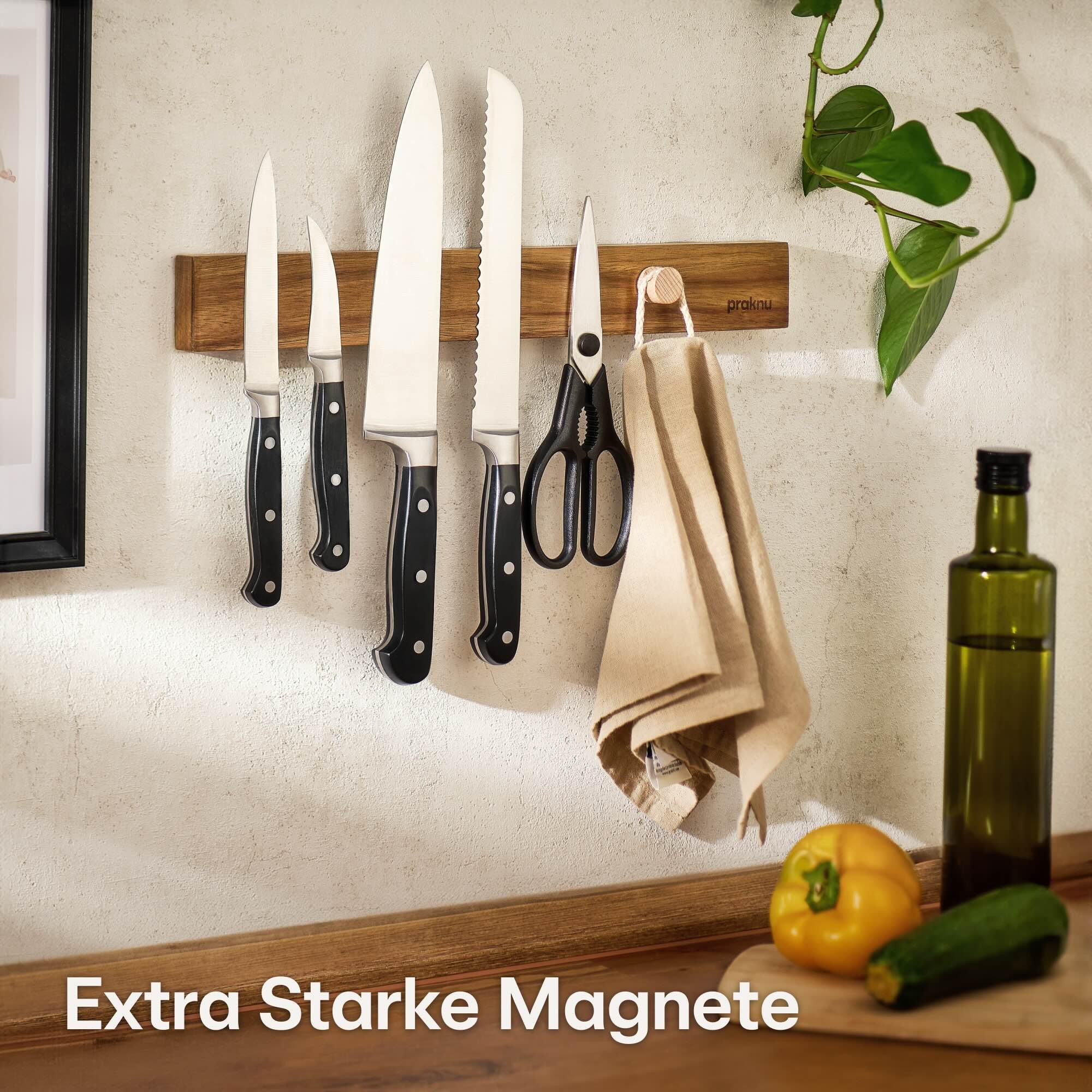 Praknu Wand-Magnet Messer-Leiste Magnetleiste Messer selbstklebend 40 cm - Messerhalter aus (1tlg), Mit 3 magnetischen Haken und Kleber - Ohne Messer - Einfache Montage