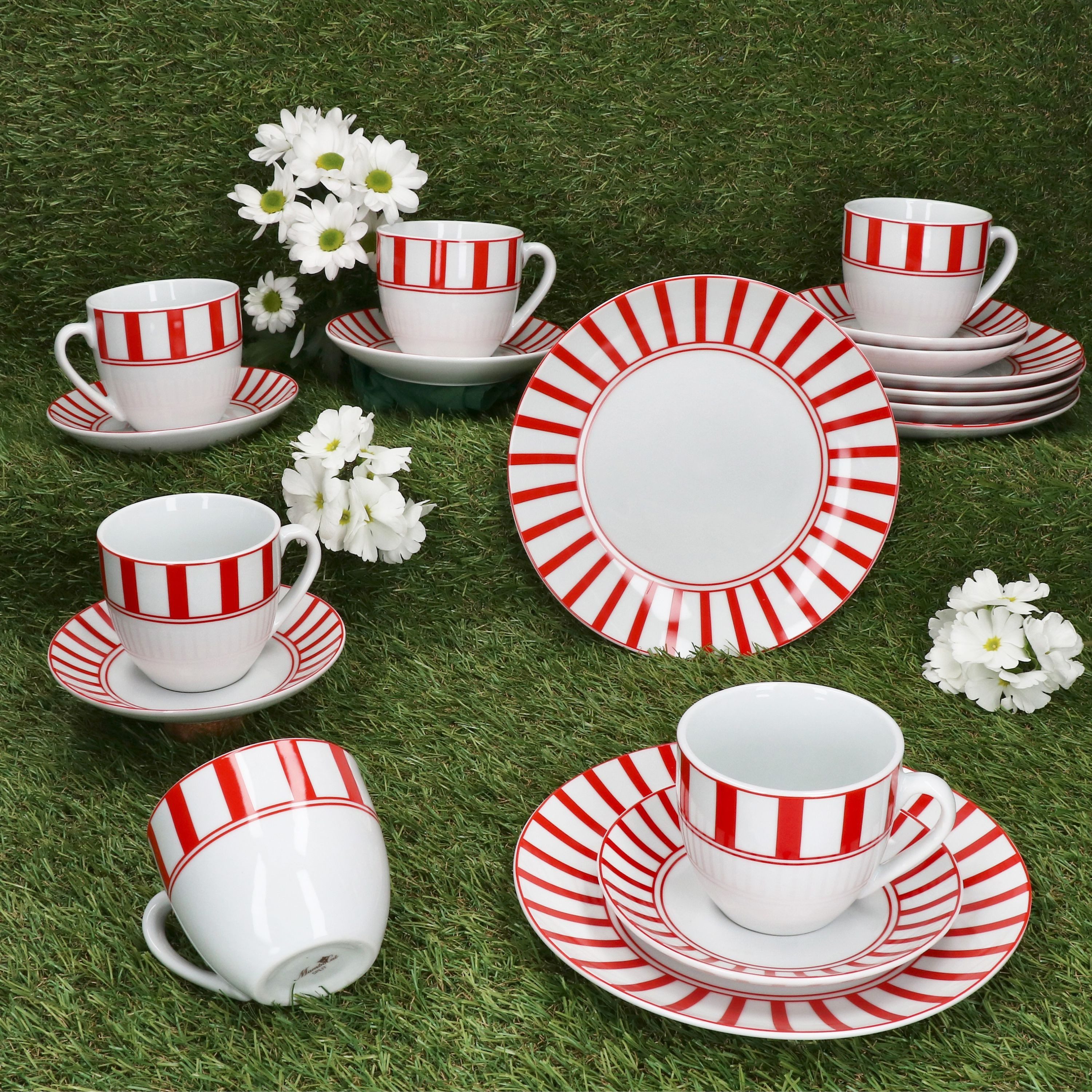 MamboCat Kaffeeservice 18tlg Kaffeeservice Split rot Porzellan 6 Pers. Tasse Teller Streifen, Porzellan