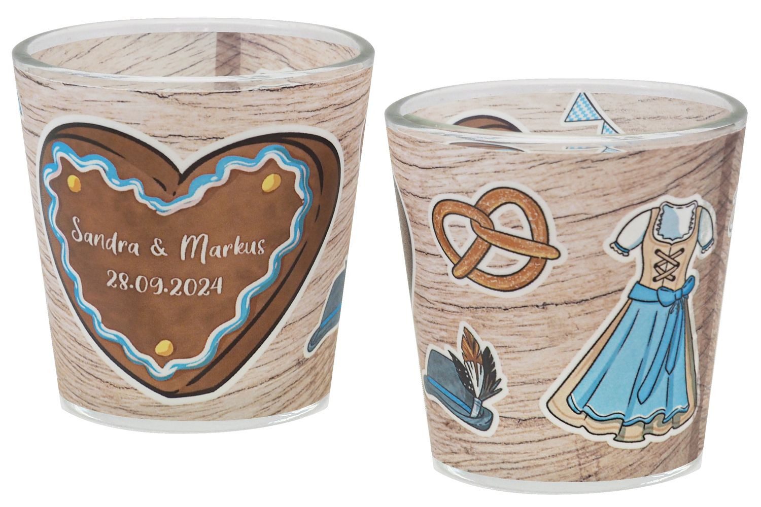 Teelichthalter Windlicht Oktoberfest Hellblau Braun Hochzeit MIT NAME 7,5cm H