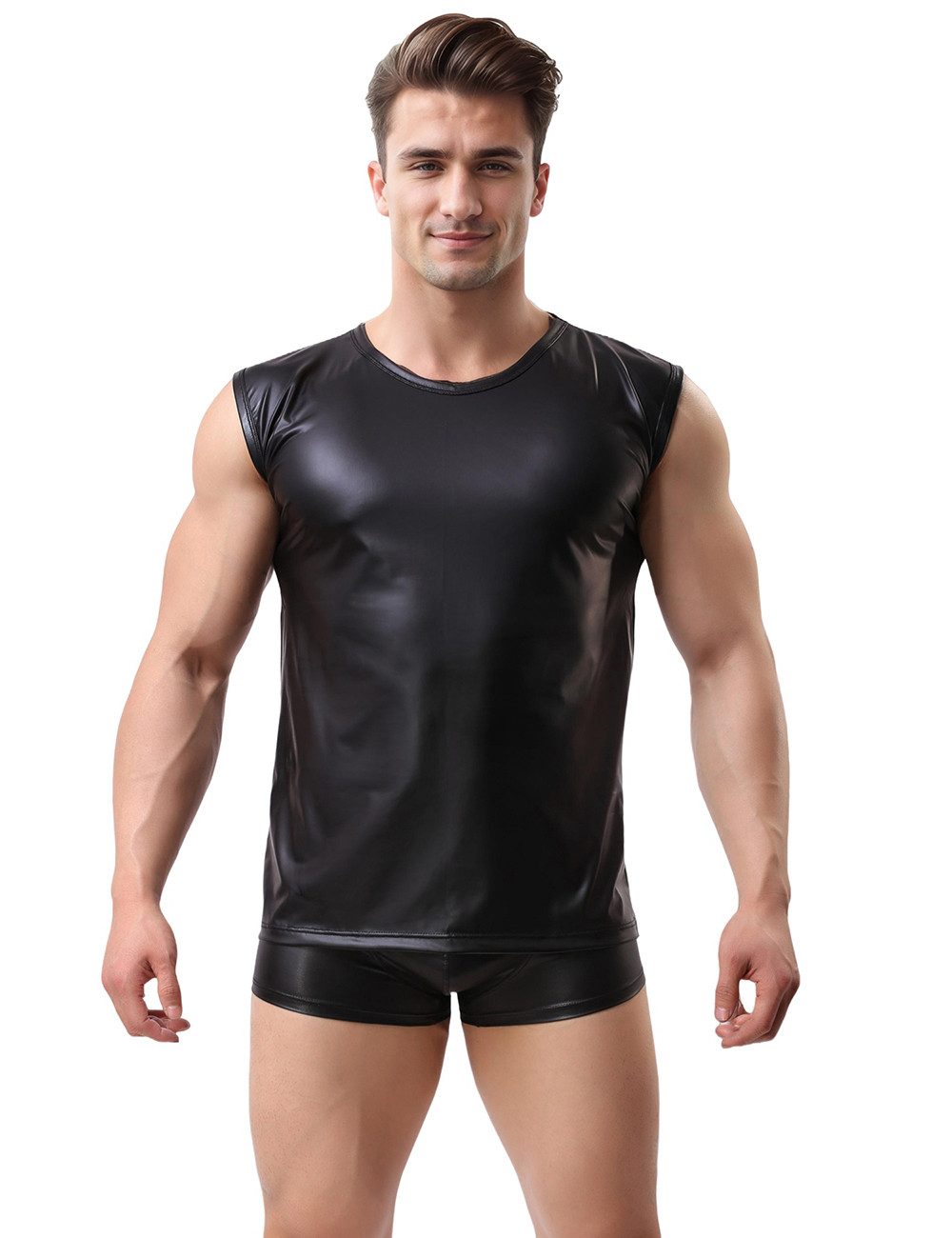 Lau-Fashion T-Shirt Muskelshirt Lack Leder Wetlook Body Unterhemd Schwarz Strip Gogo M/XL