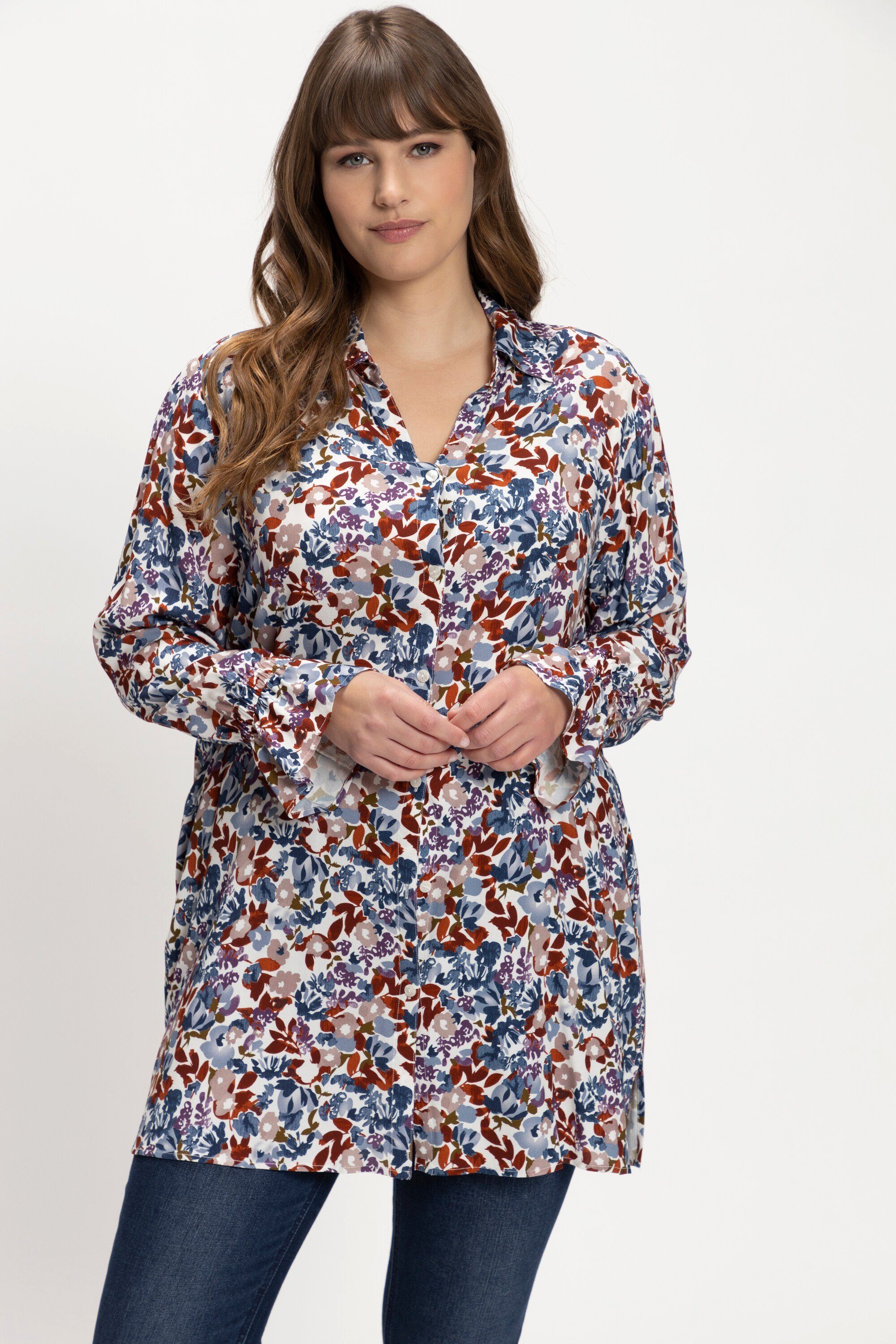 Ulla Popken Damen Longbluse Plus Size – Mit Gesichter-Print, Hemdkragen, Langarm