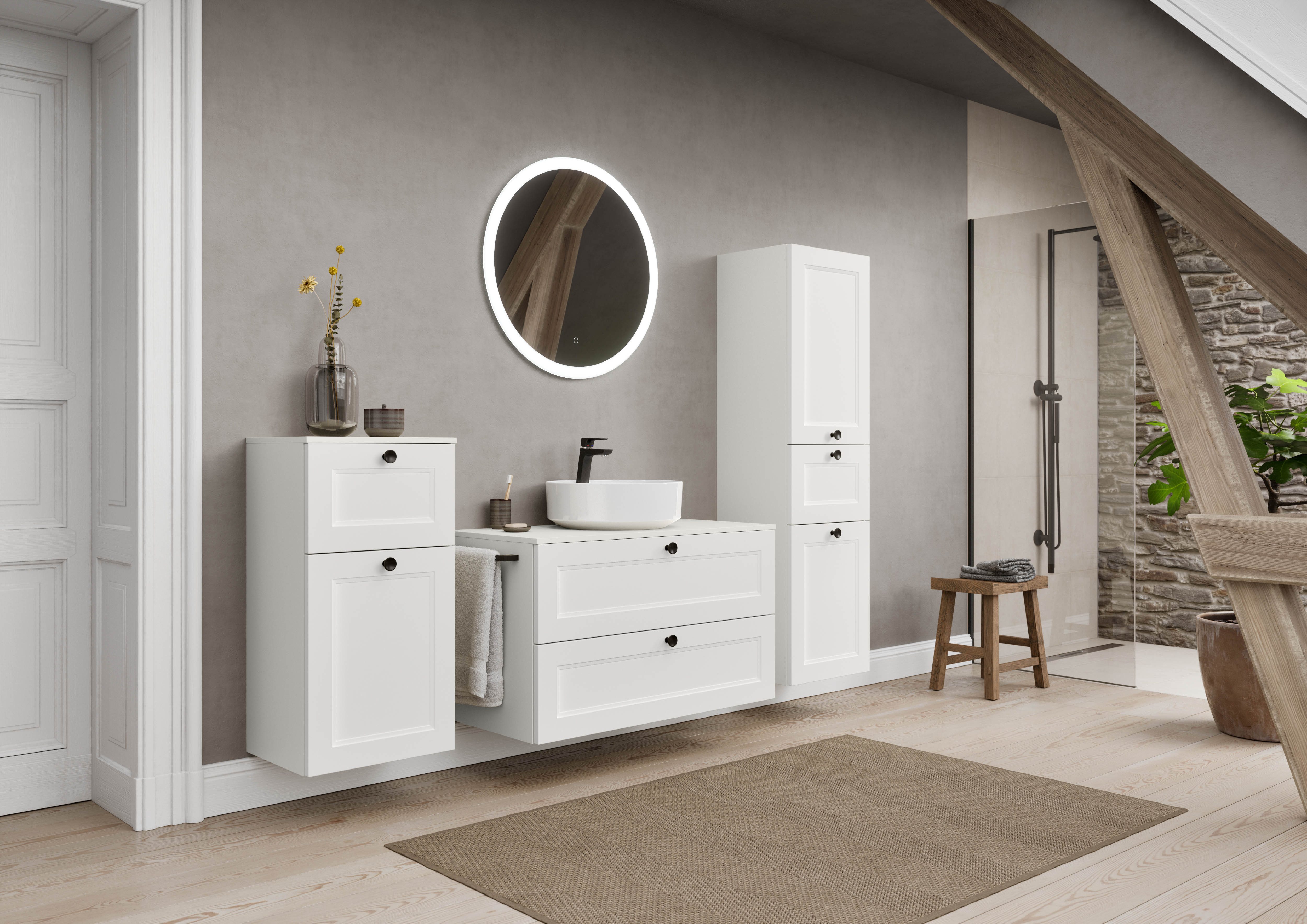 nobilia® Badmöbel-Set Cascada, (Set, 2-St., inkl. Aufsatzwaschbecken und beleuchtetem Spiegel mit Touch-Sensor), vormontiert, mit Soft-Close, in vier Breiten