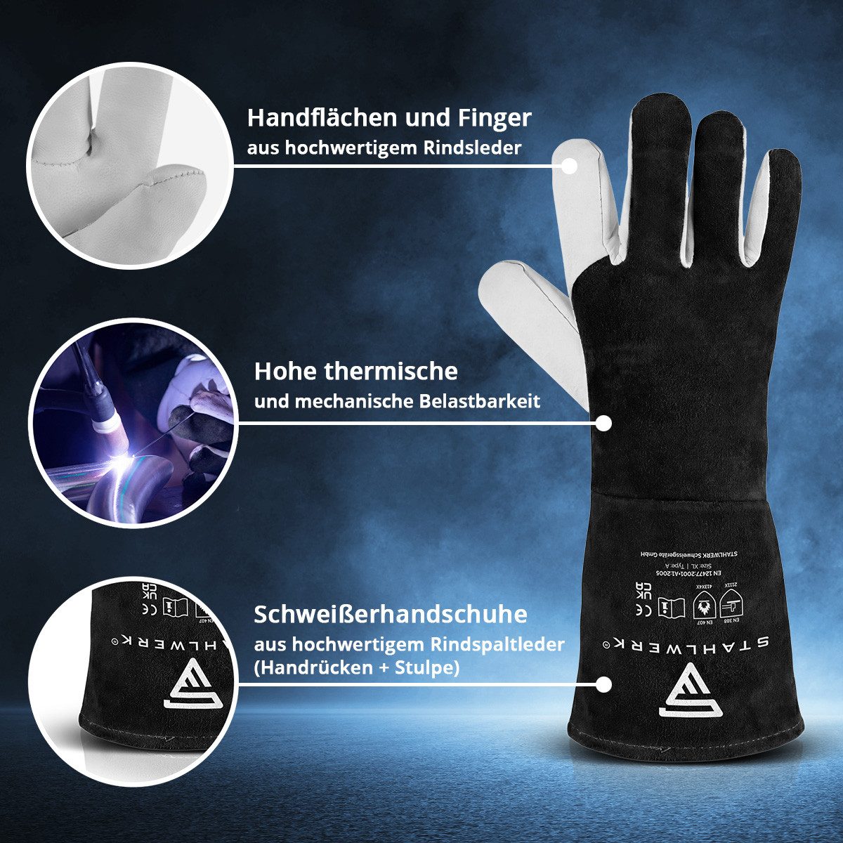 STAHLWERK Arbeitshandschuhe Schweißerhandschuhe Echtleder XL Hitzeschutzhandschuhe Typ A feuerfest – Bild 3 von 5
