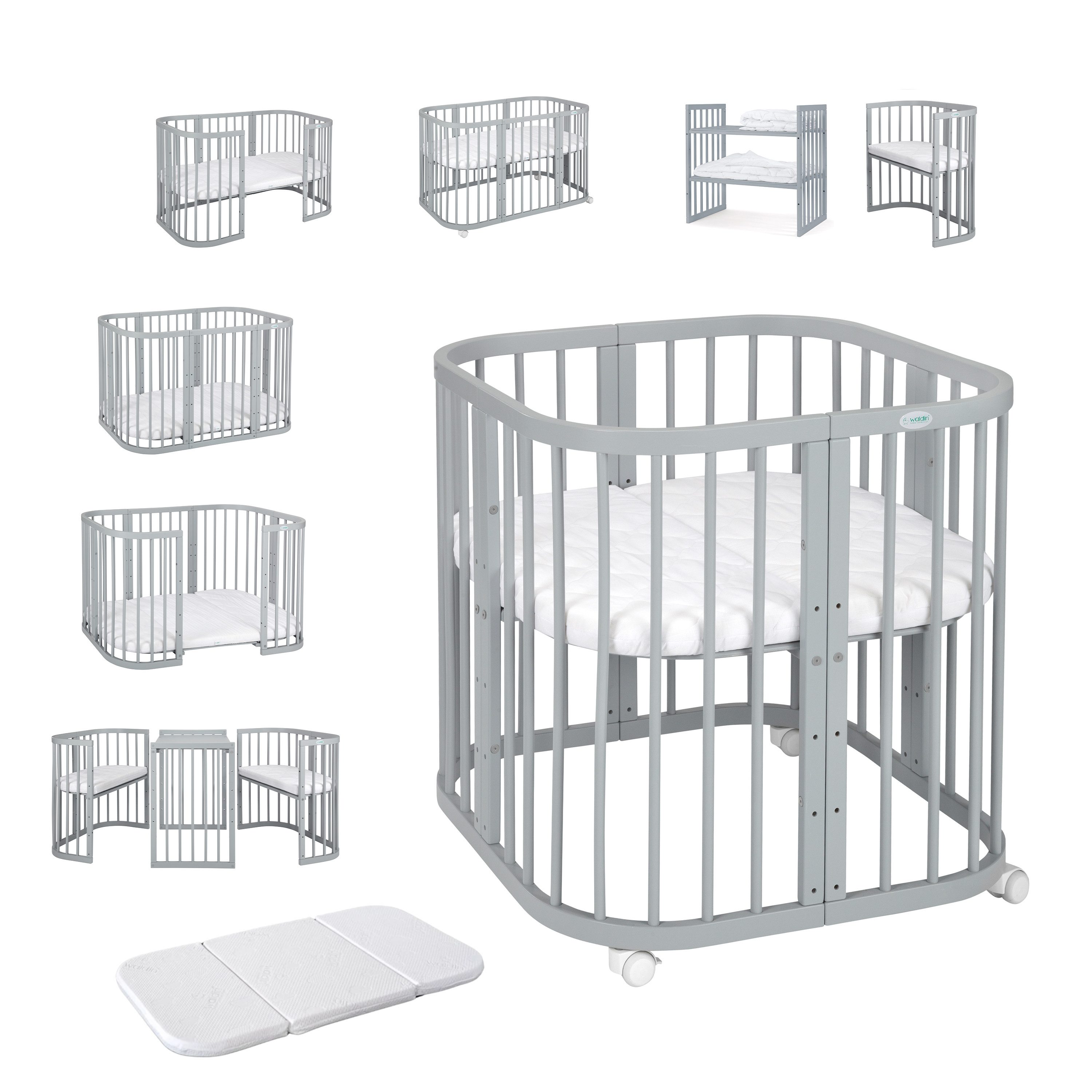 Waldin Babybett Mobiles Babybett aus Holz 7in1 mit Matratze, mitwachsend