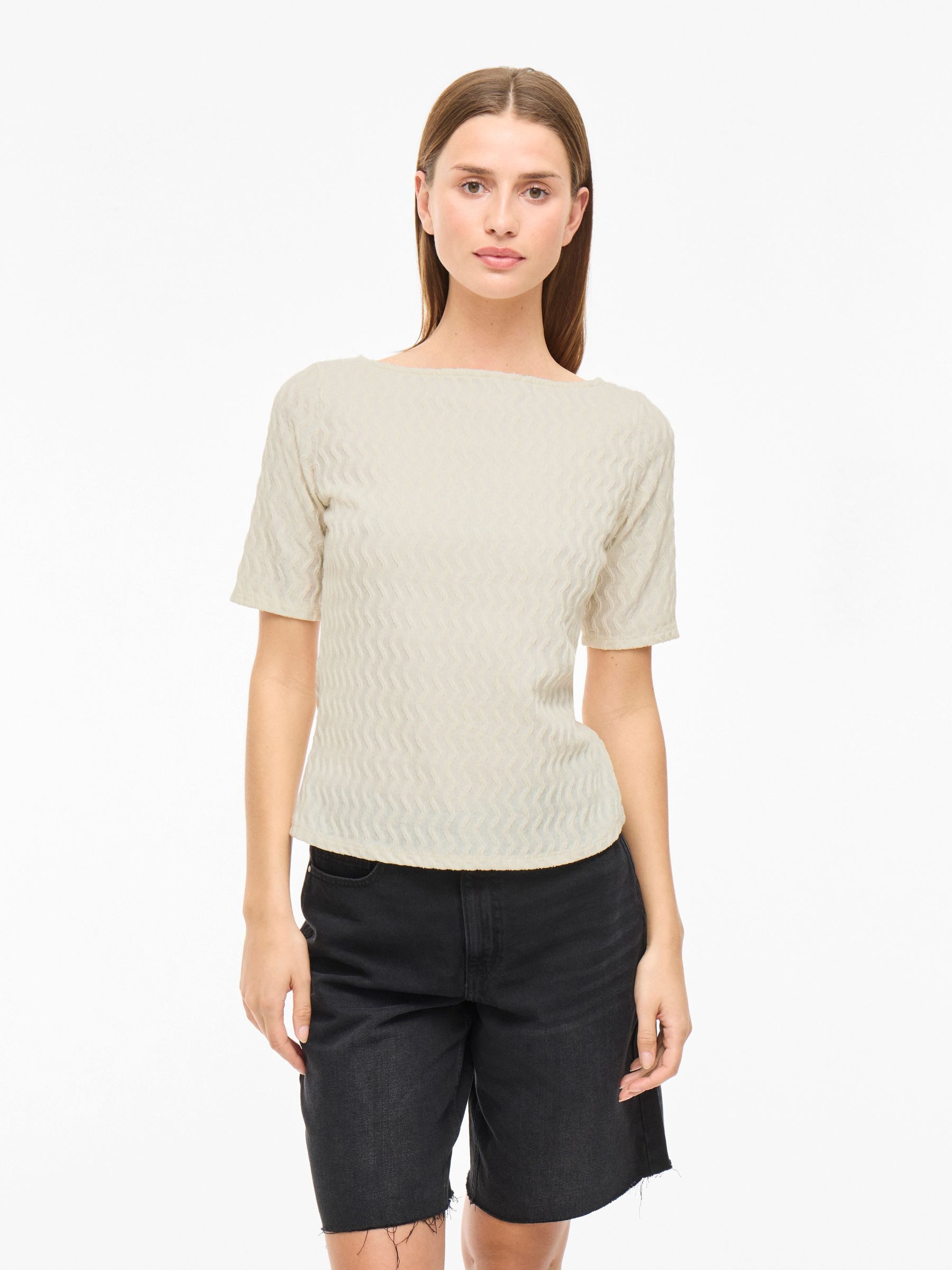 Vila Blusenshirt Kurzarm Struktur Design mit U-Boot Rundhals VIROMILA BOATN günstig online kaufen