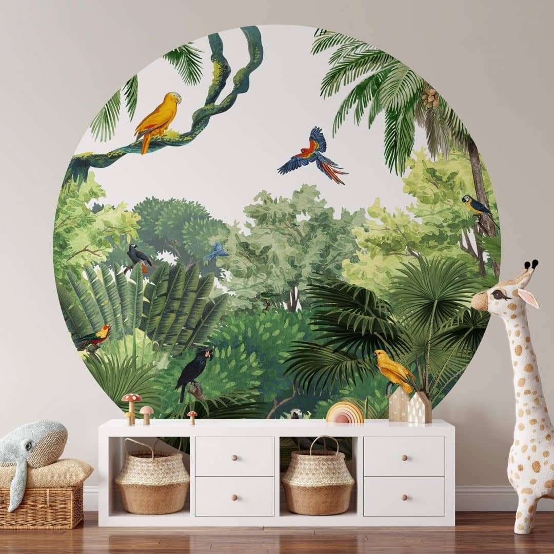 K&L Wall Art Fototapete Kikki Belle - Tropische Vögel, Vliestapete, rund, Dschungel, große Kinder Motivtapete