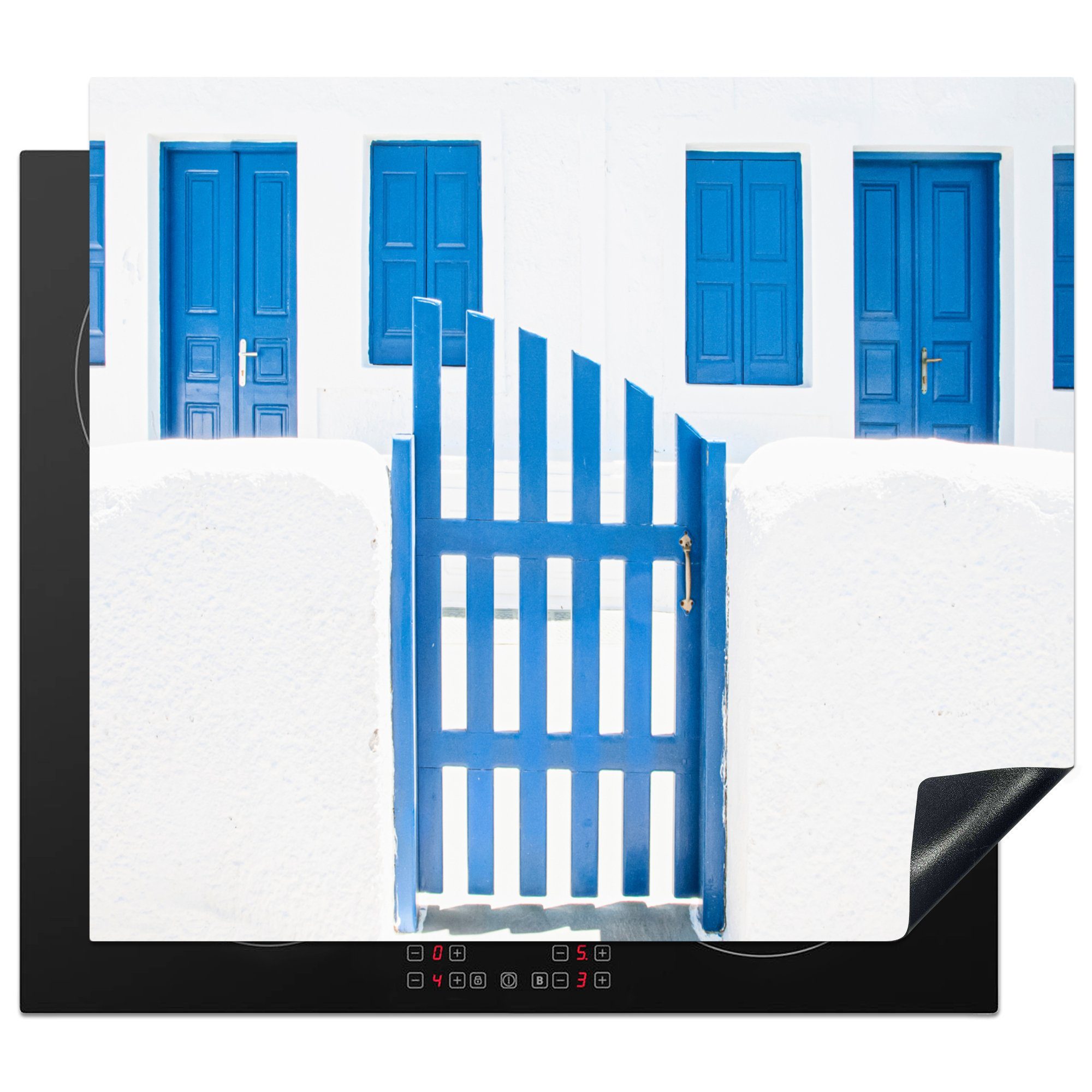 MuchoWow Herdblende-/Abdeckplatte Architektur - nutzbar, Zaun (1 tlg), Arbeitsfläche 60x52 Türen, Mobile - - Vinyl, Blau cm, Weiß Ceranfeldabdeckung 