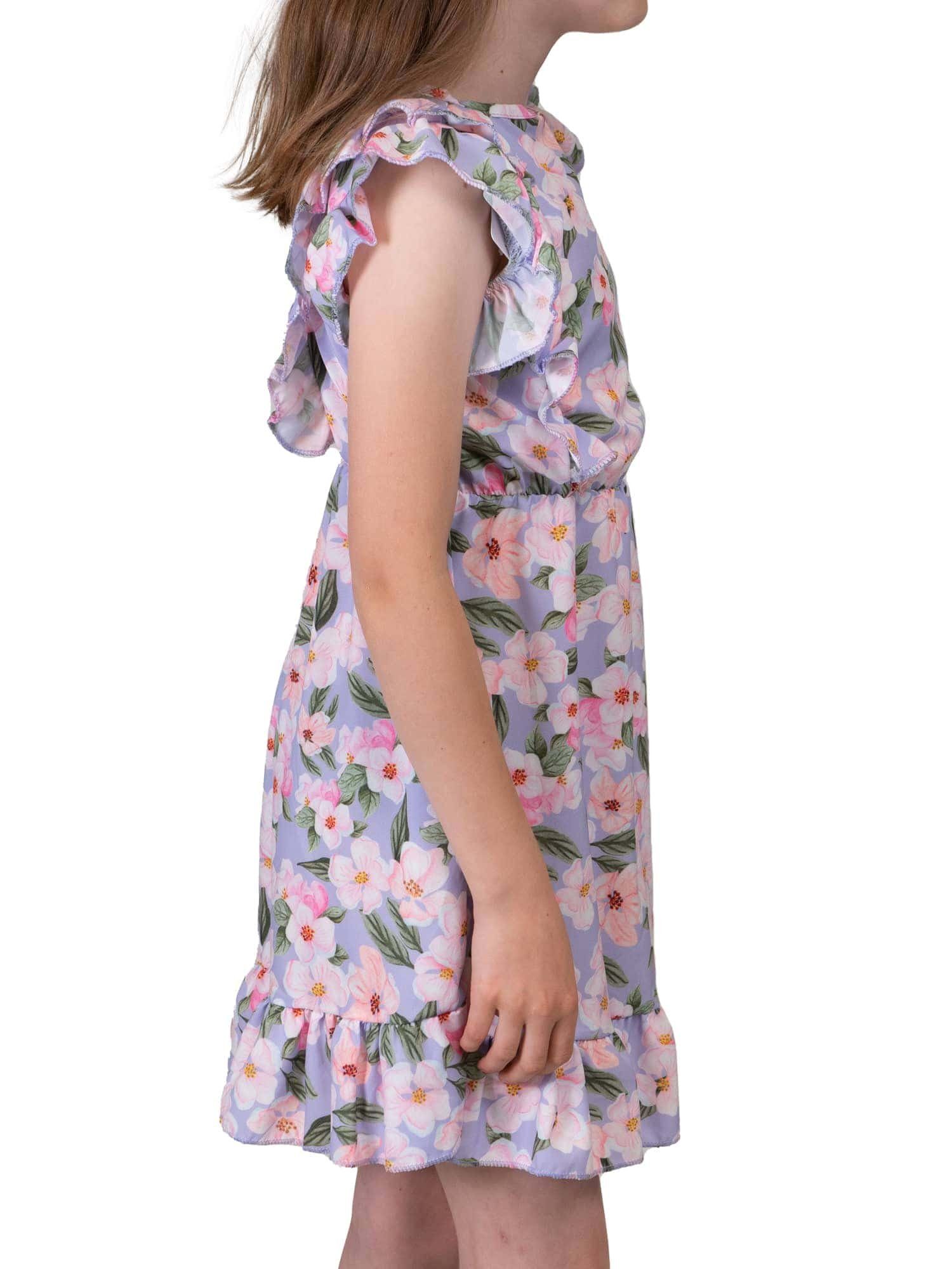 30384 KMISSO Kleid Lila mit Volants zu (1-tlg) Blumenmotiv bequem tragen Sommerkleid Mädchen
