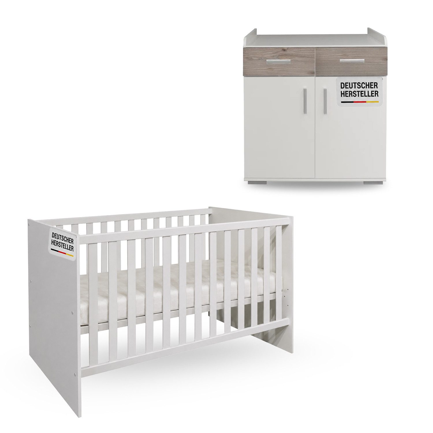 Storado Bettanlage Sienna 2-teilig 70×140cm, Kinderzimmer-Set, Farbe wählbar, Mitwachsendes Babybett, Wickelkommode und geräumiger Schrank