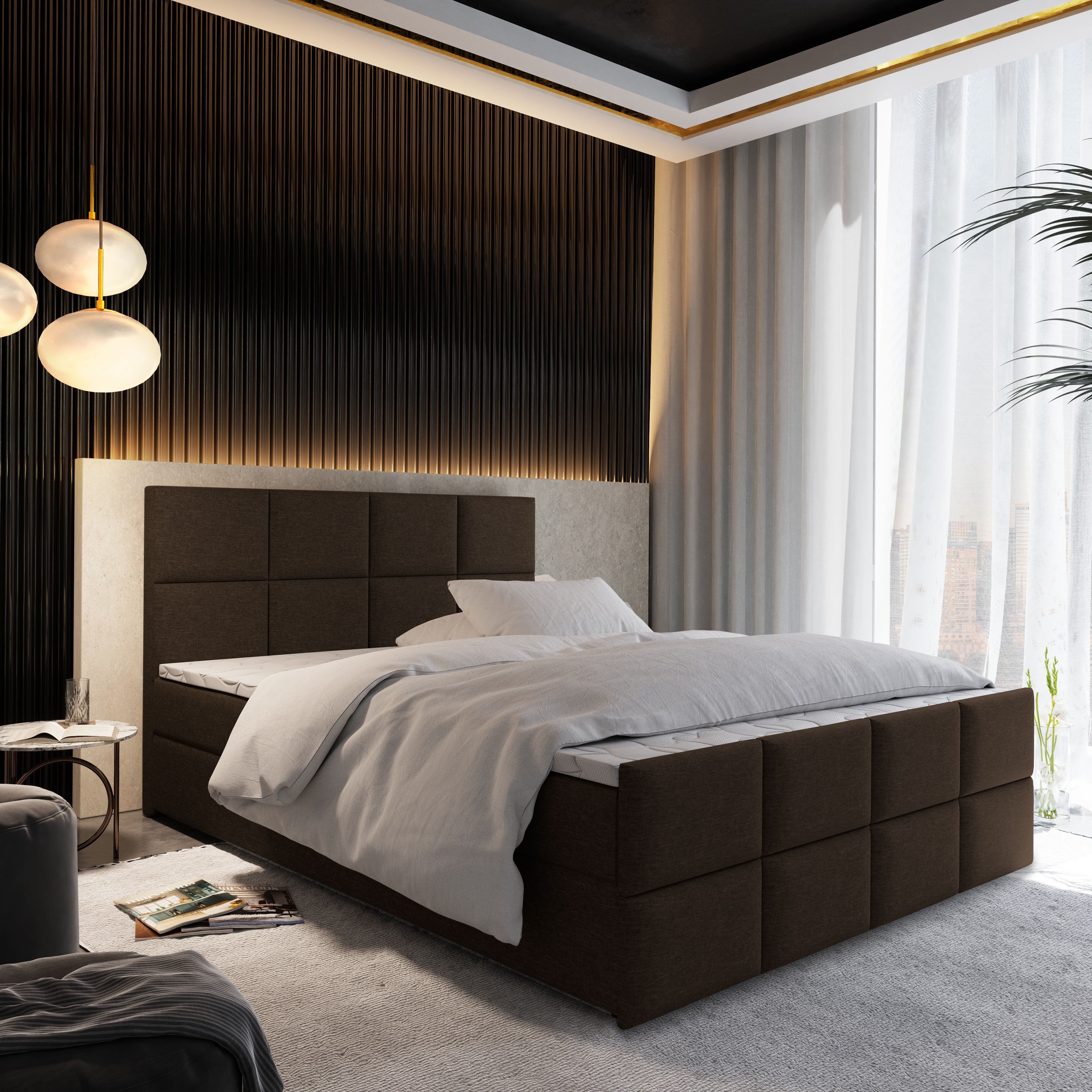 Masseno Boxbett ARIEL 180x200 cm mit Bonell Matratze und Topper, Doppelbett, Polsterbett mit Kopfteil, Boxspringbett