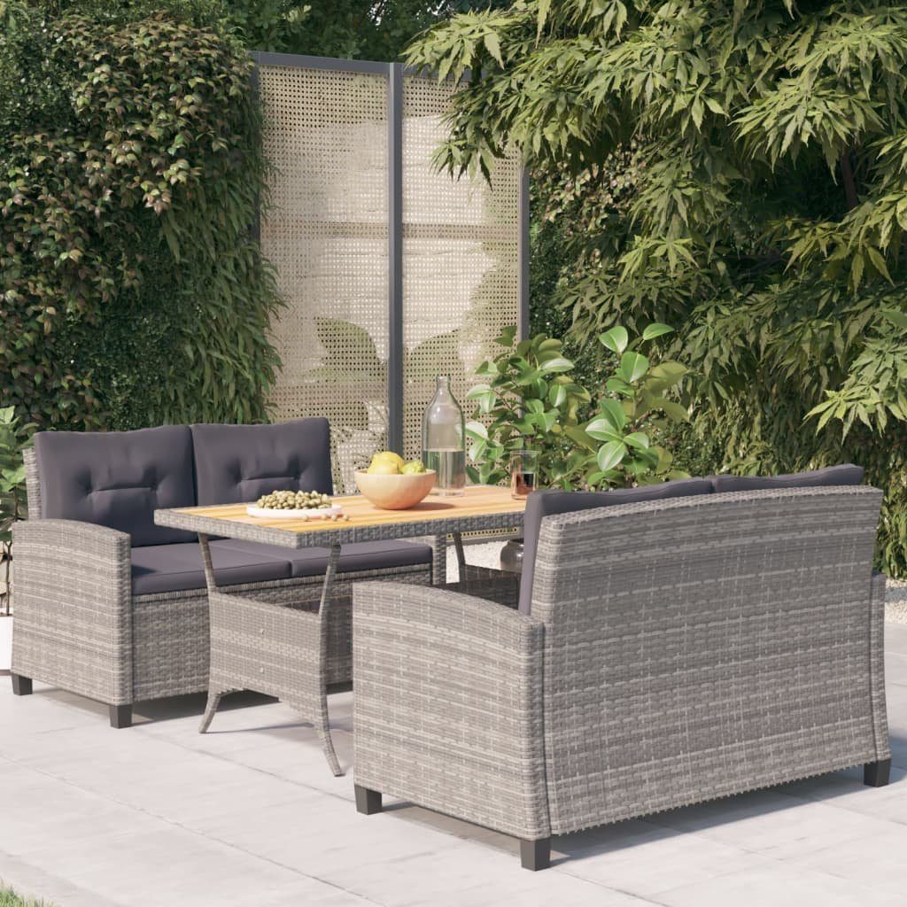 vidaXL Garten-Essgruppe 3-tlg. Garten-Essgruppe mit Grau Kissen Poly Rattan, (3-tlg)