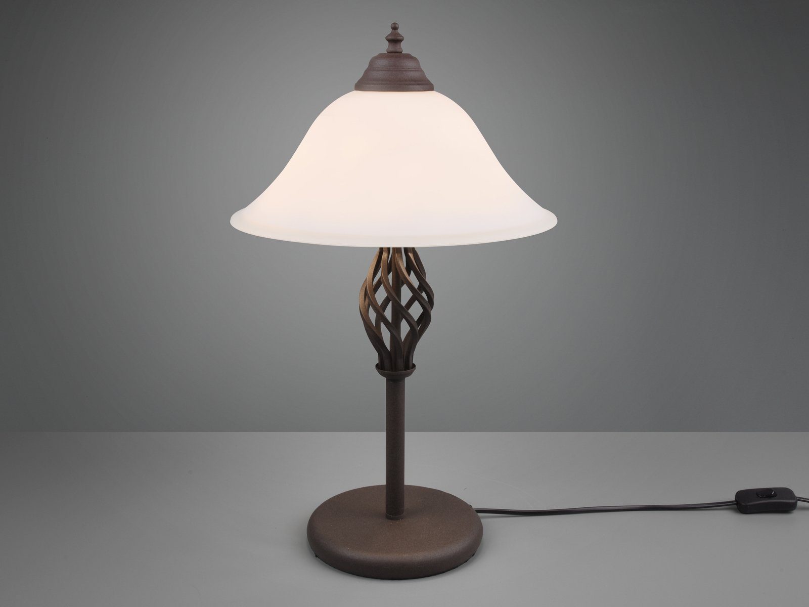 TRIO Leuchten LED Nachttischlampe, Dimmfunktion, LED wechselbar, Warmweiß, große Landhaus-stil in Rostoptik mit Glas Lampenschirm Höhe 50cm