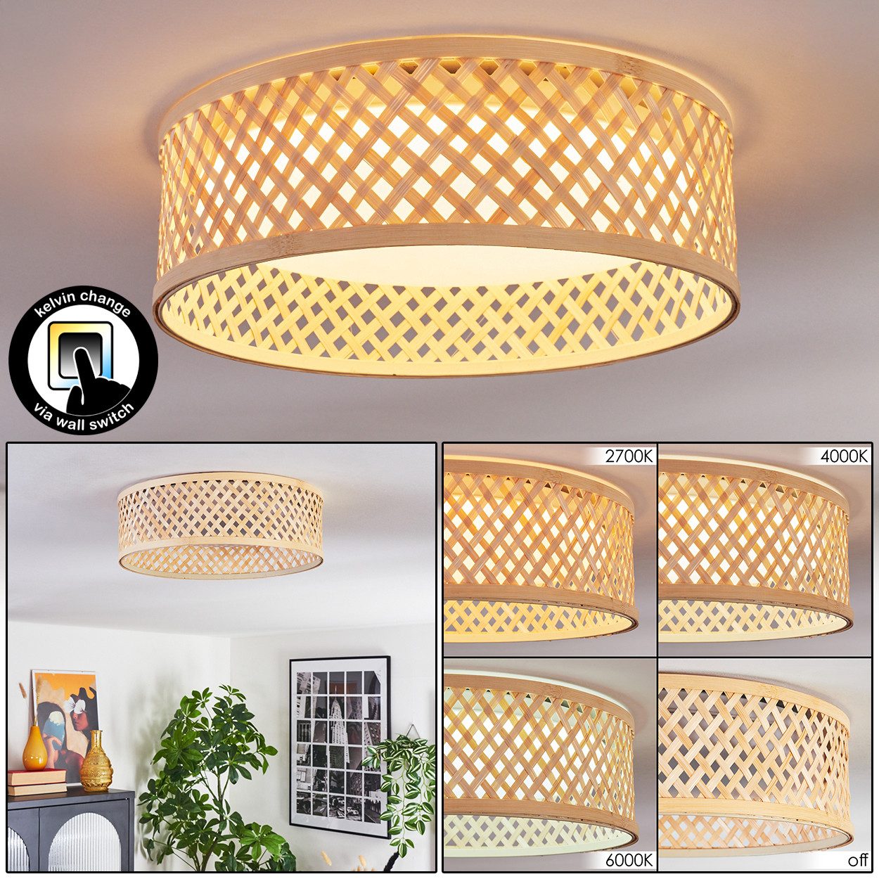 hofstein Deckenleuchte Deckenlampe aus Metall/Bambus/Kunststoff in günstig online kaufen