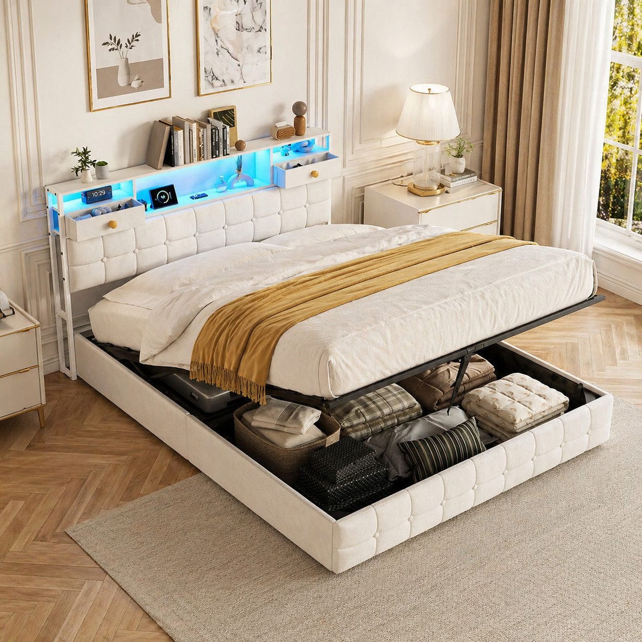 Polsterbett Stauraumbett 140x200 mit Bettkasten & Lattenrost, LED & USB, Samt