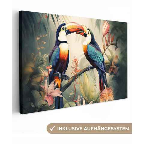 OneMillionCanvasses® Leinwandbild Tukan - Vögel - Blumen - Natur - Dschungel, (1 St), Leinwand Bilder Klein, Wand Dekoration 30x20 cm