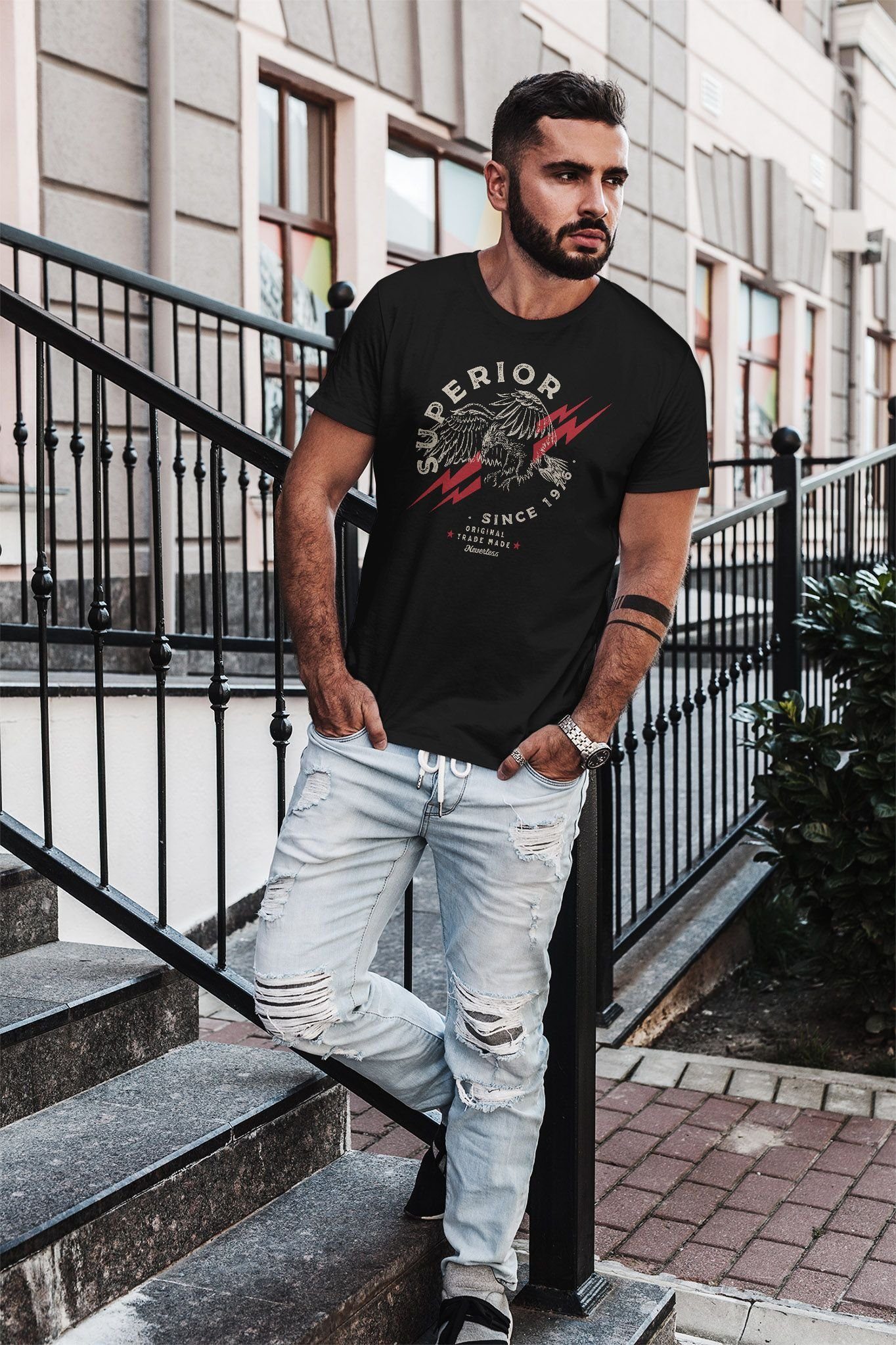 Print mit Adler Slim T-Shirt Print-Shirt Since 1976 Neverless schwarz Eagle Neverless® Print Fit Herren Superior