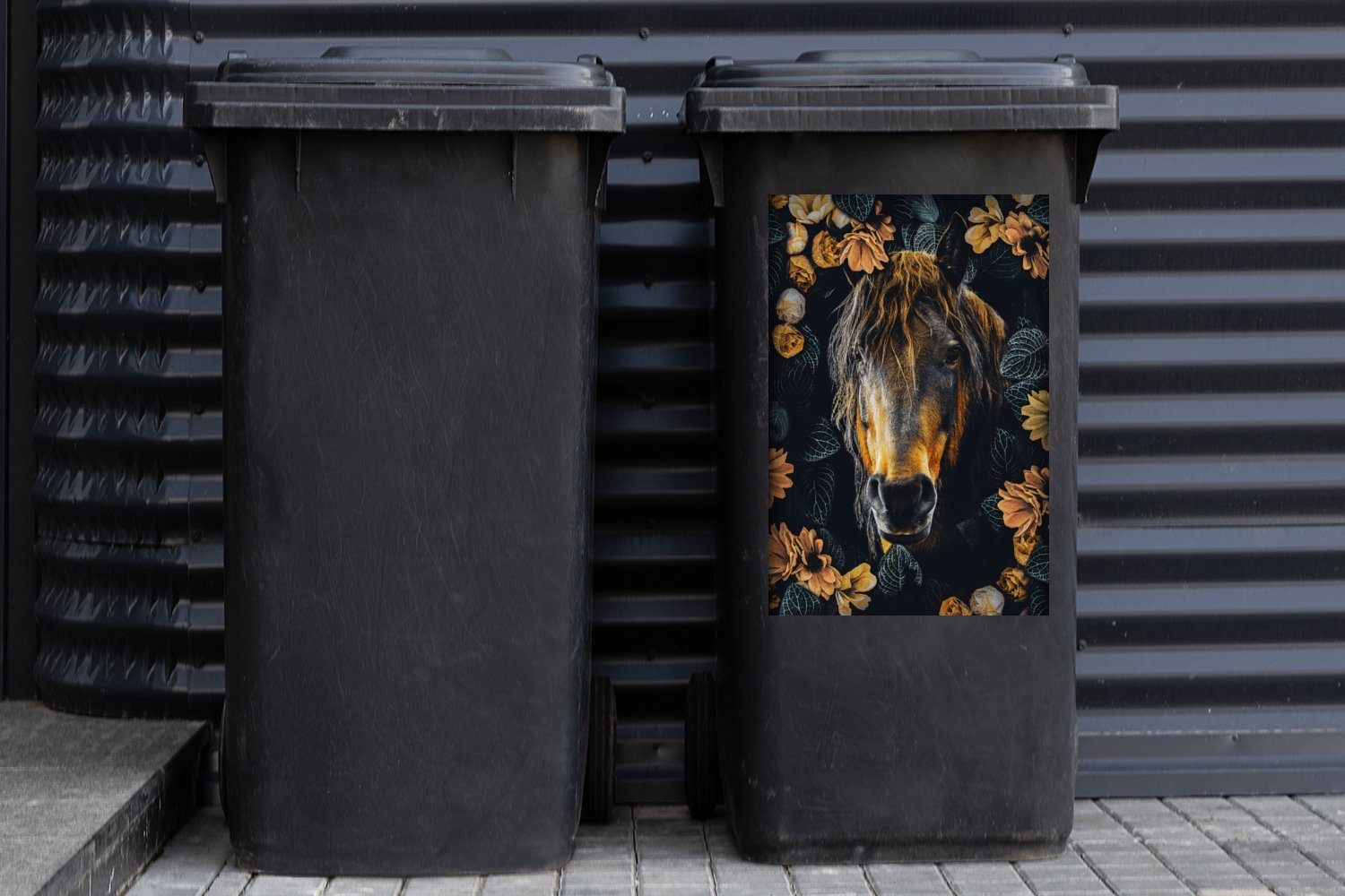 Sticker, St), - Mülltonne, MuchoWow Abfalbehälter Wandsticker Orange - Mülleimer-aufkleber, Container, Blumen Pferd (1