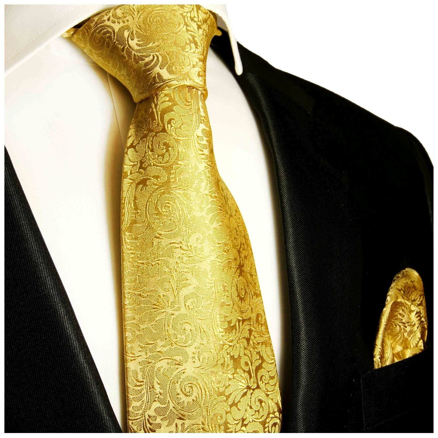 Paul Malone 2-St., mit (8cm), barock (Set, Tuch elegant Krawatte Seidenkrawatte und Krawatte 100% gold Herren 902 Breit Einstecktuch) Seide