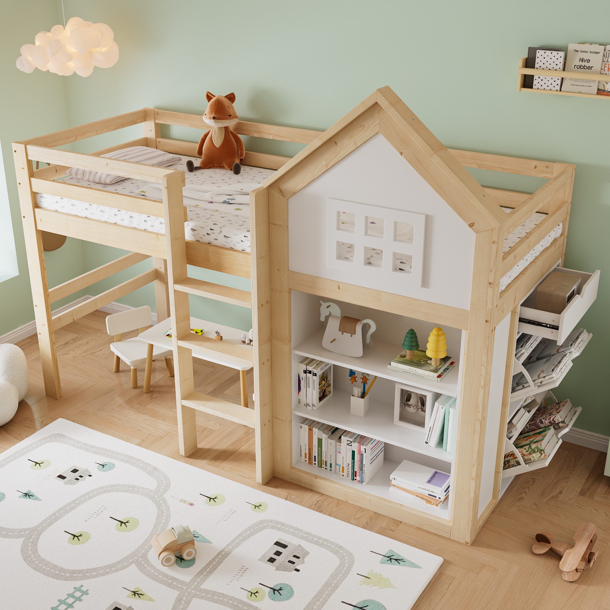 Flieks Hochbett Kinderbett 90x200cm Haus-Design mit Staufächern und Schubladen